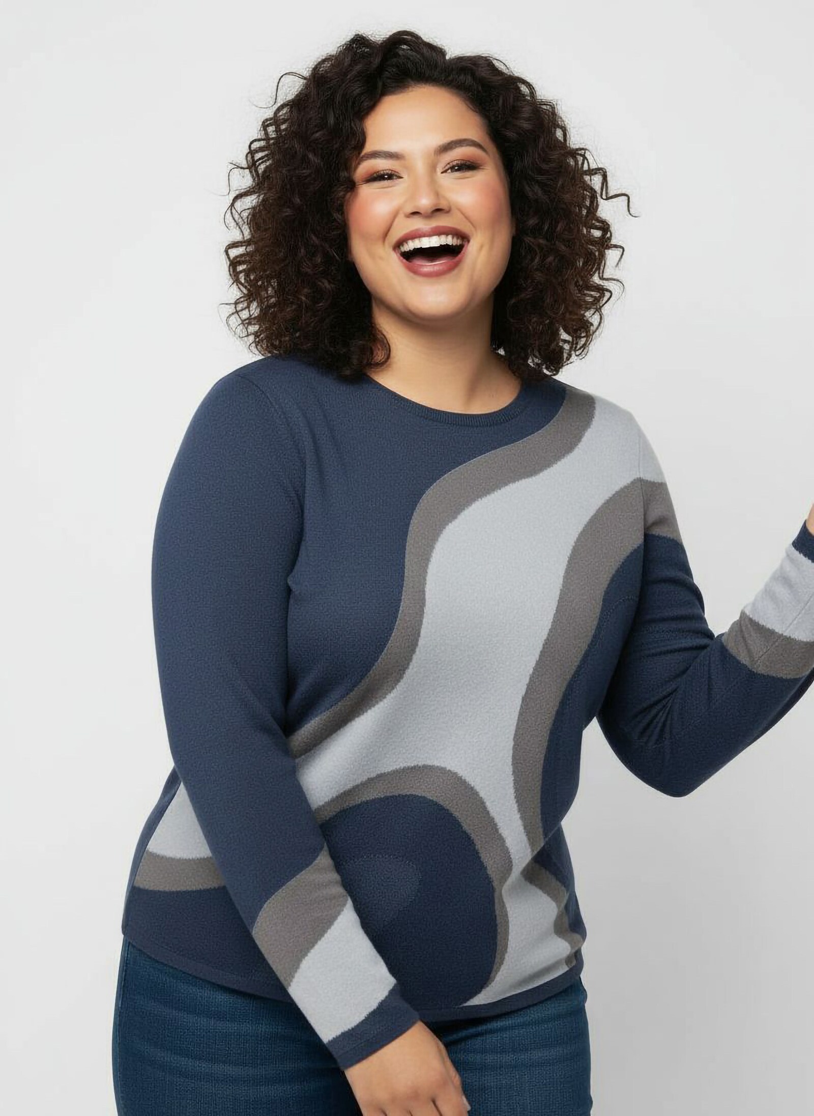 Strickpullover in Jacquard-Strick - dunkelblau-rauchblau-gemustert