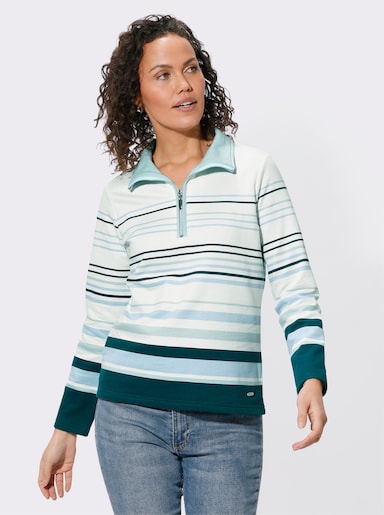 Troyer mit kurzem Reißverschluss - ecru-kalkmint-geringelt