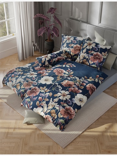 Bierbaum Bettwäsche mit praktischem Reißverschluss - dunkelblau-cognac-bedruckt