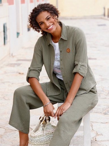 Baumwollbluse mit krempelbaren Ärmeln - khaki