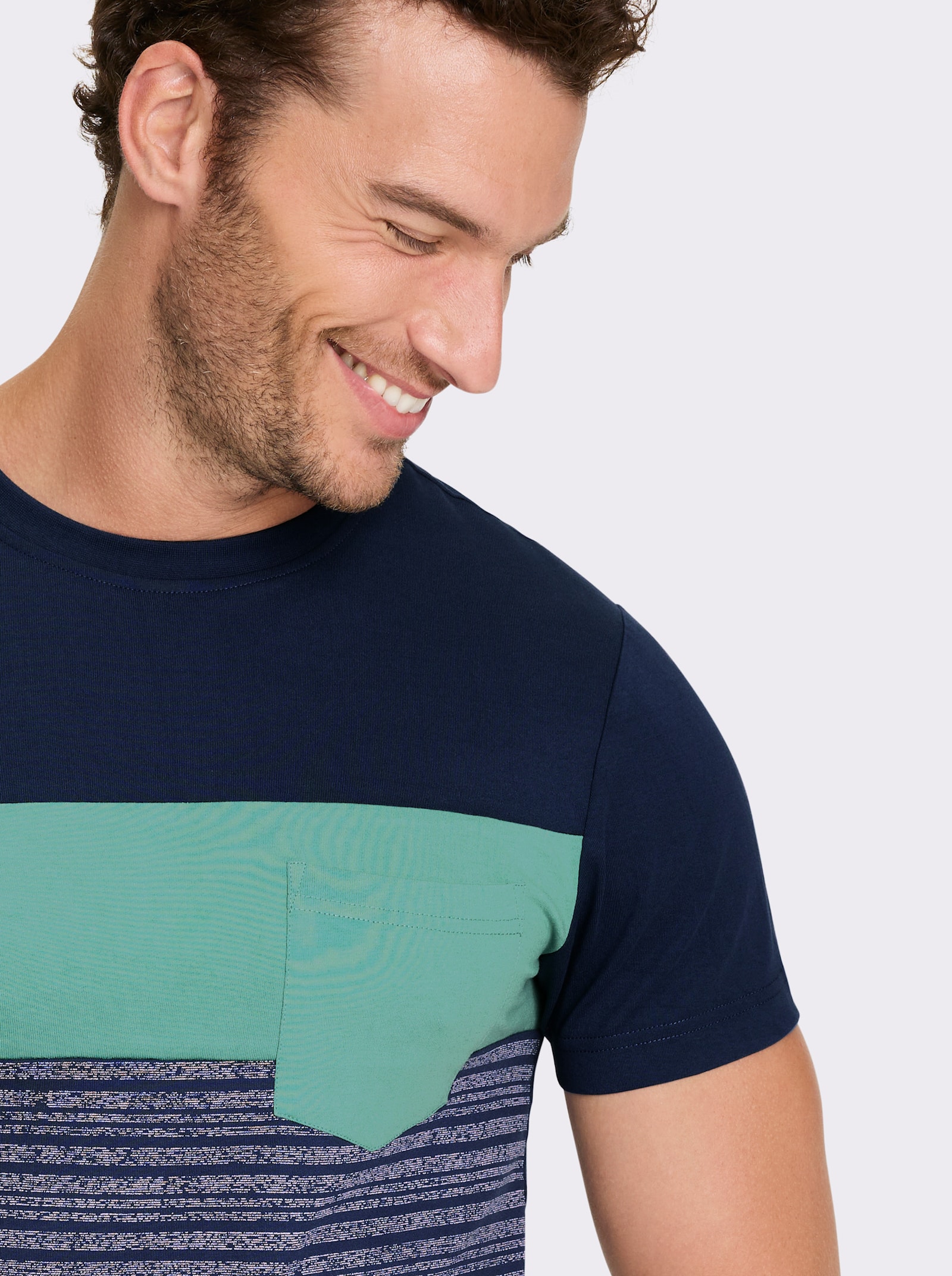 Catamaran Kurzarmshirt mit geripptem Ausschnitt - dunkelblau-salbei-gestreift