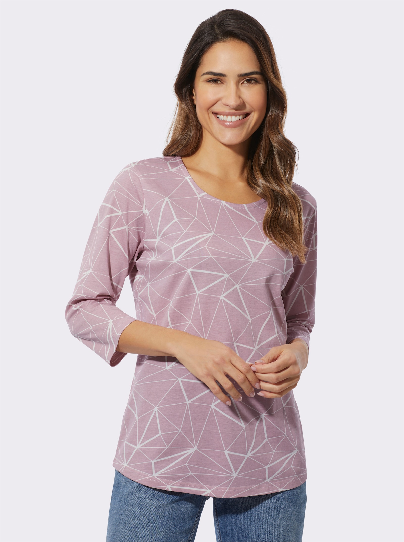 Rundhalsshirt im Grafik-Dessin - mauve-ecru-bedruckt