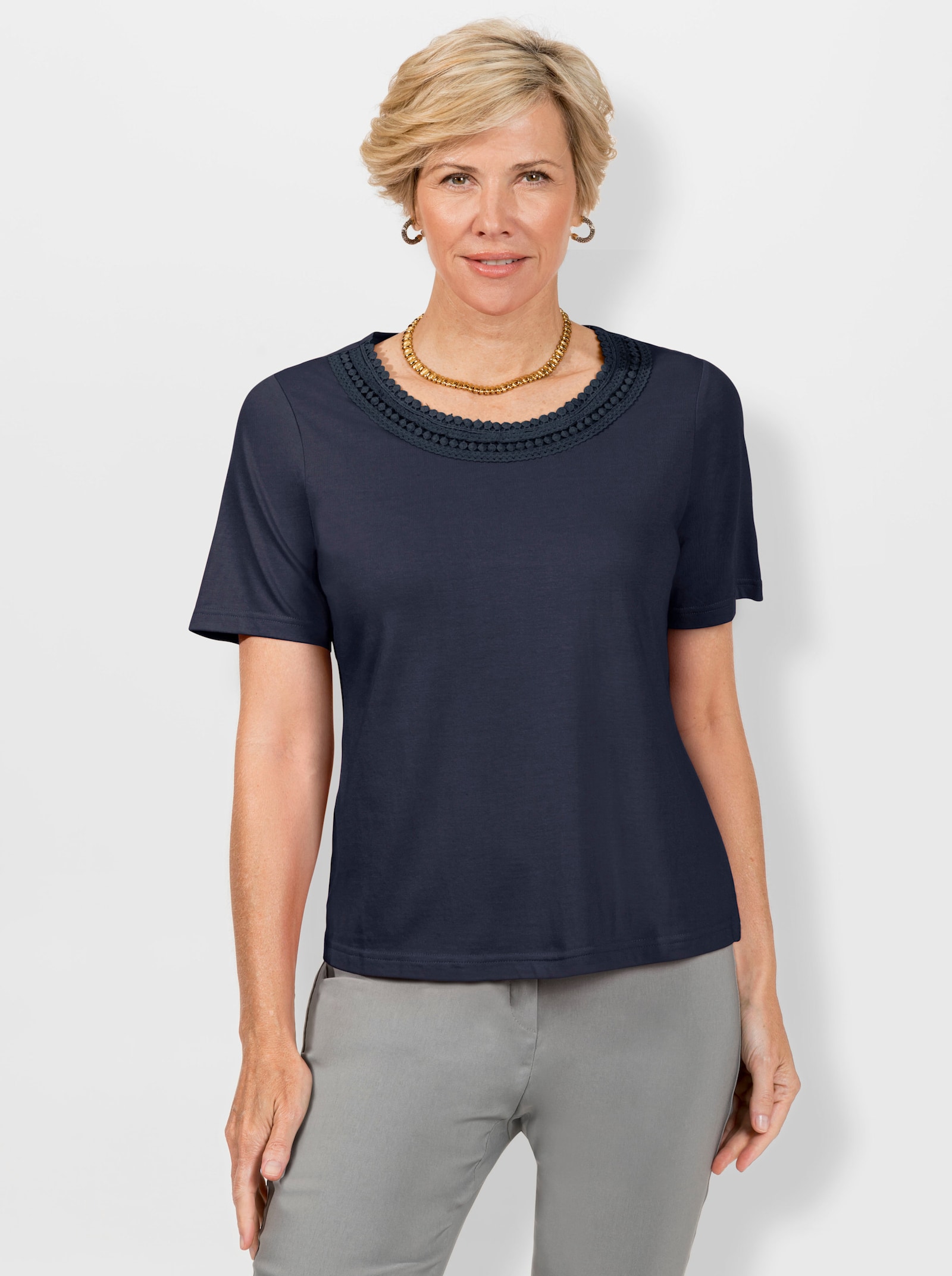Rundhalsshirt mit Spitzen-Verzierung - nachtblau