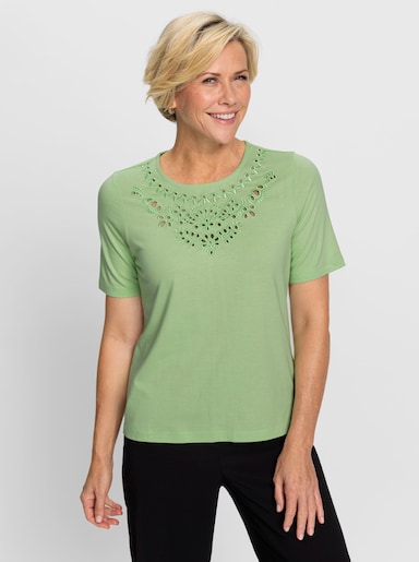 Rundhalsshirt mit Lochstickerei - reseda