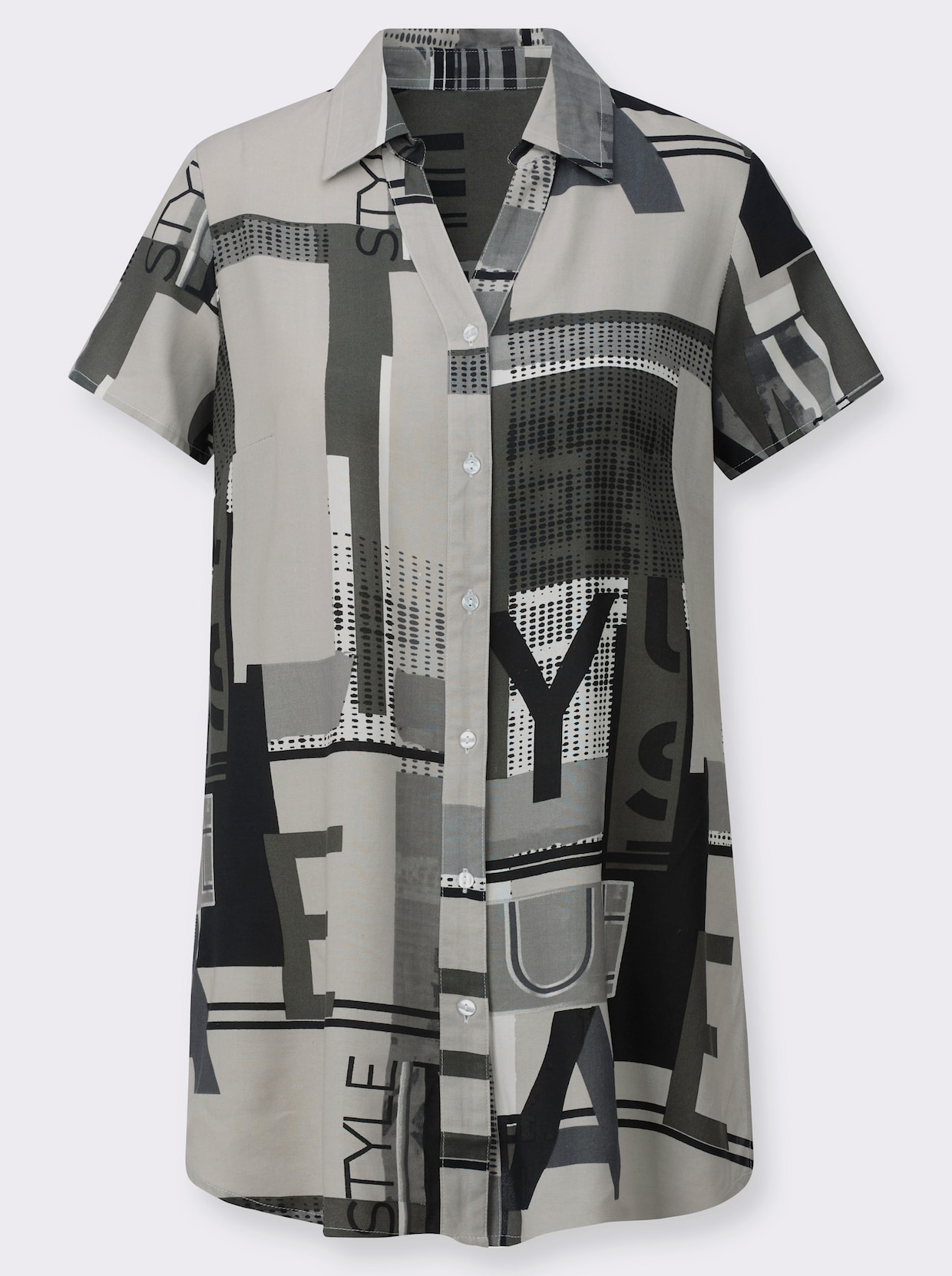 Longbluse - schwarz-ecru-bedruckt