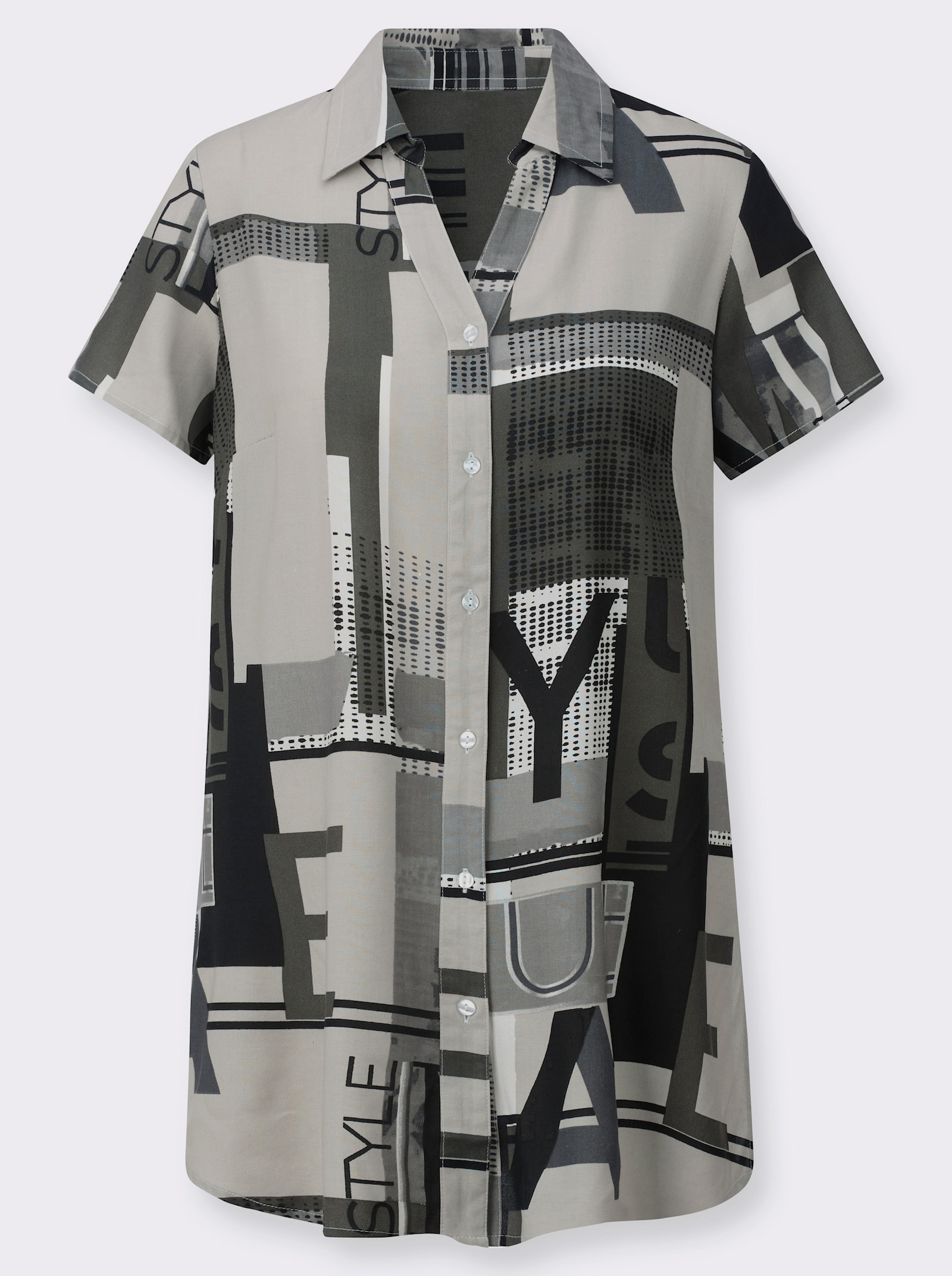 Longbluse in grafischem Dessin - schwarz-ecru-bedruckt