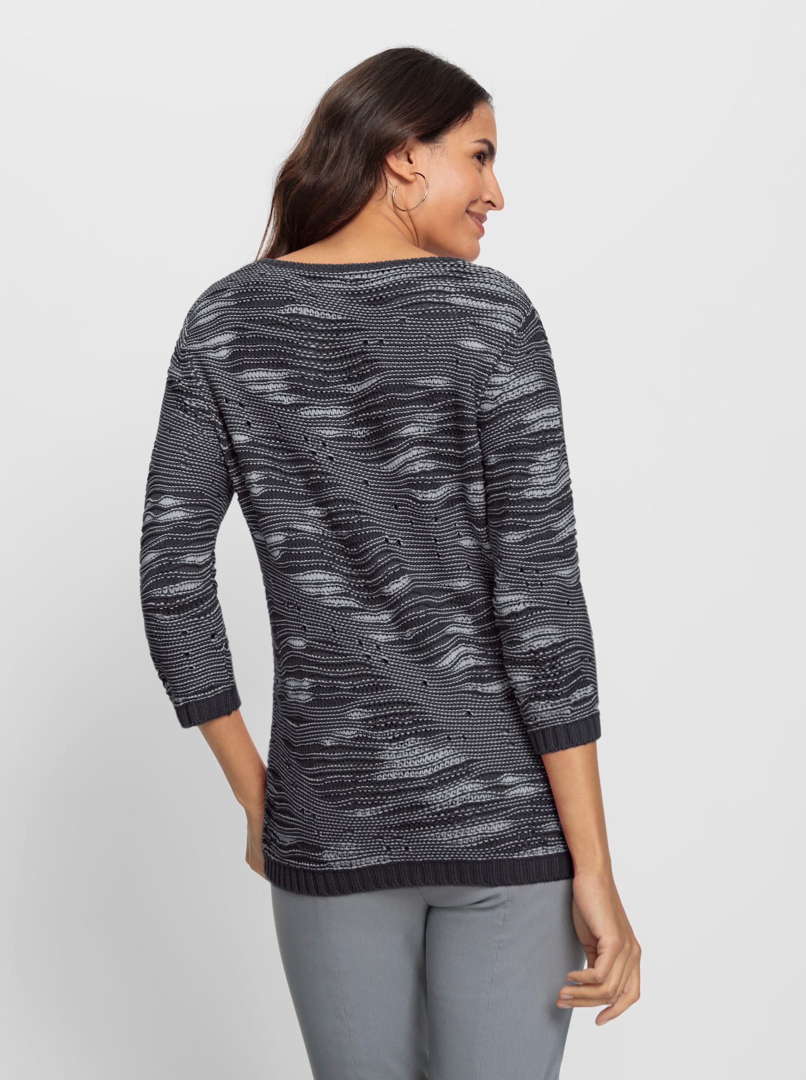 3/4 Arm-Pullover im Strickmuster-Mix - schwarz-gemustert