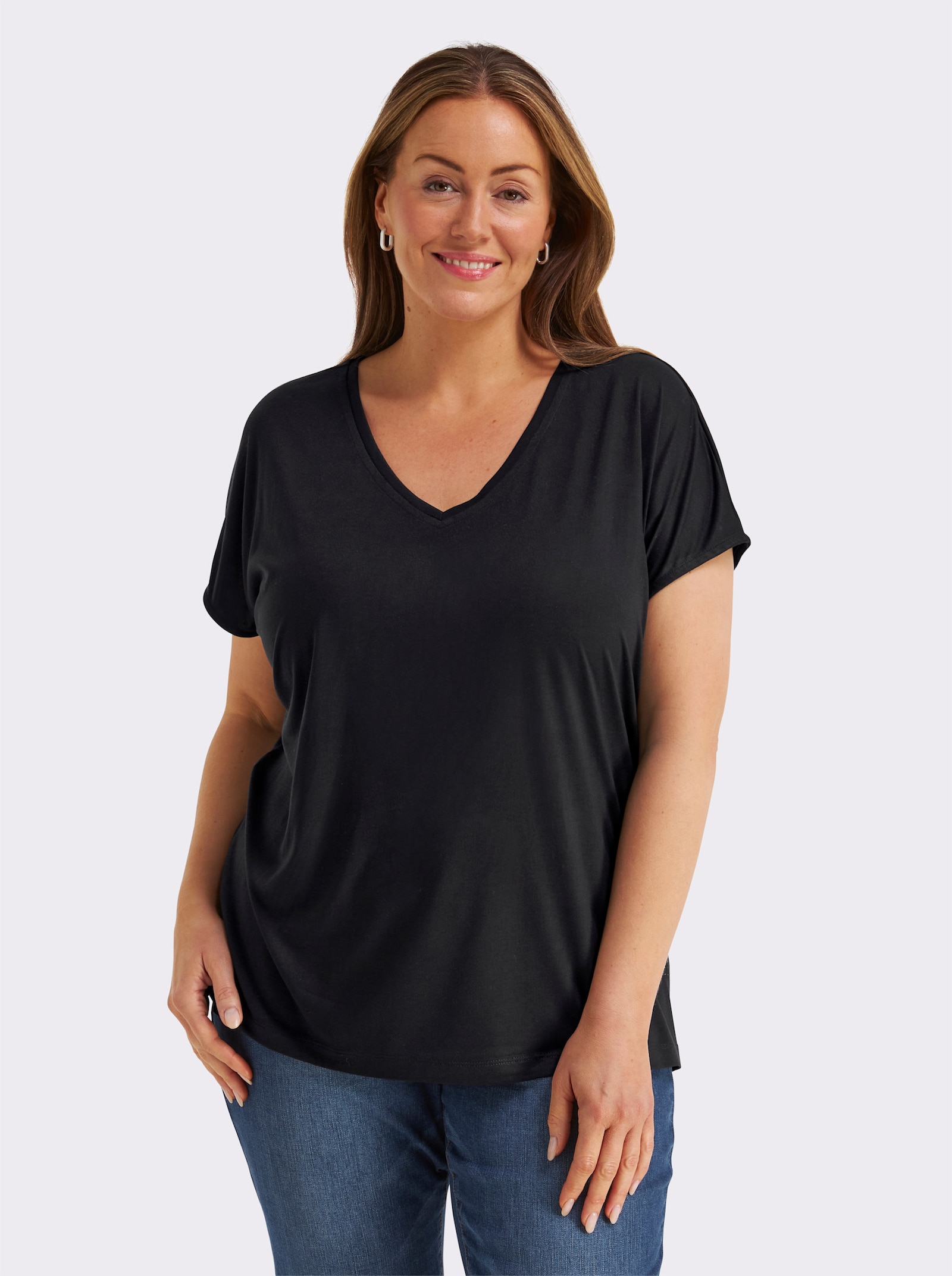 sheego Shirt met V-hals en strass-detail - zwart