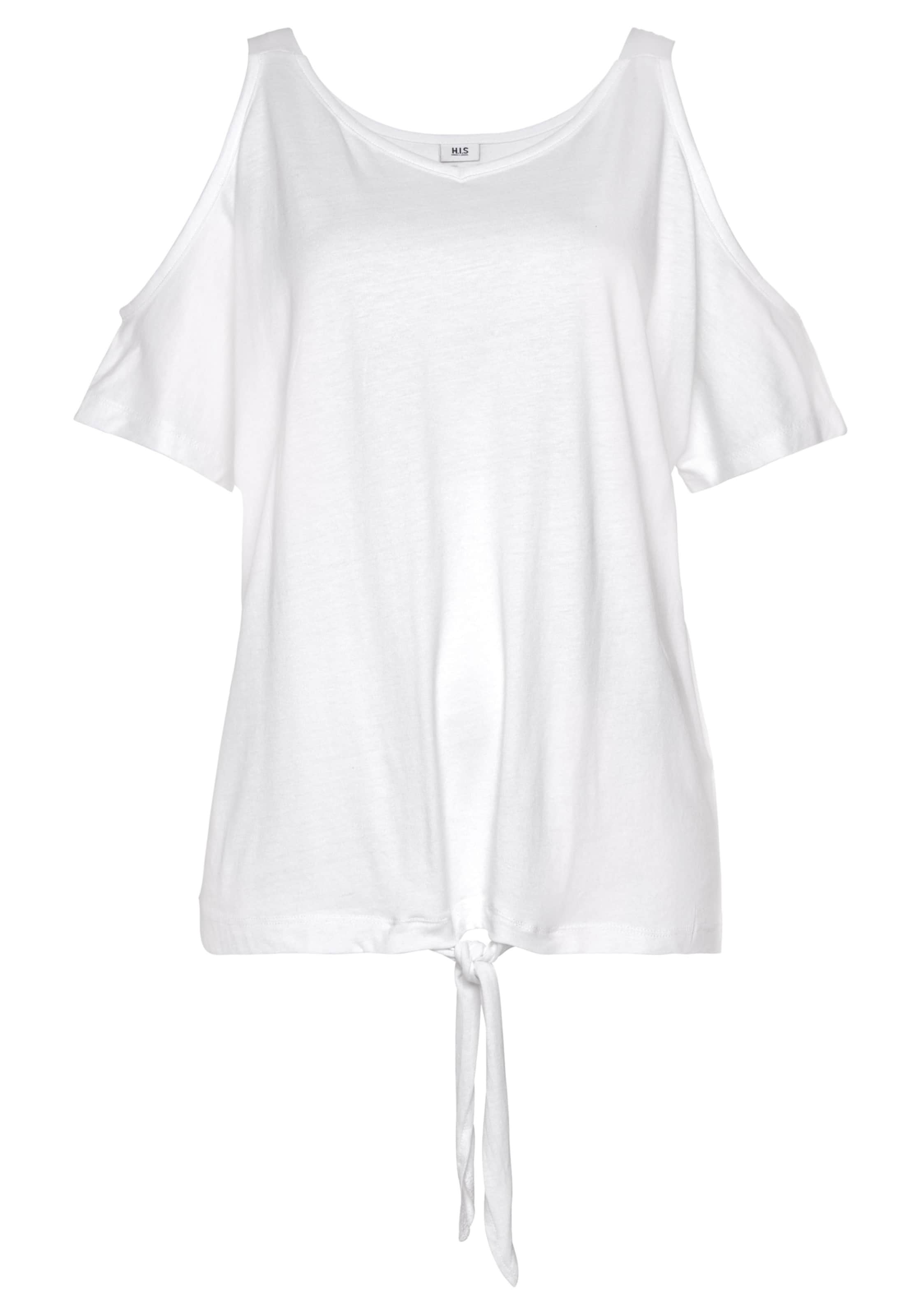 Shirt Kurzarm günstig Kaufen-Kurzarmshirt in weiß von H.I.S. Kurzarmshirt in weiß von H.I.S <![CDATA[Shirt von H.I.S mit rundem Ausschnitt und Cut-outs an den Schultern. Vorn mit zwei Bändern zum Knoten. Länge ca. 62 cm. Weicher Baumwoll-Modal-Mix.]]>. 