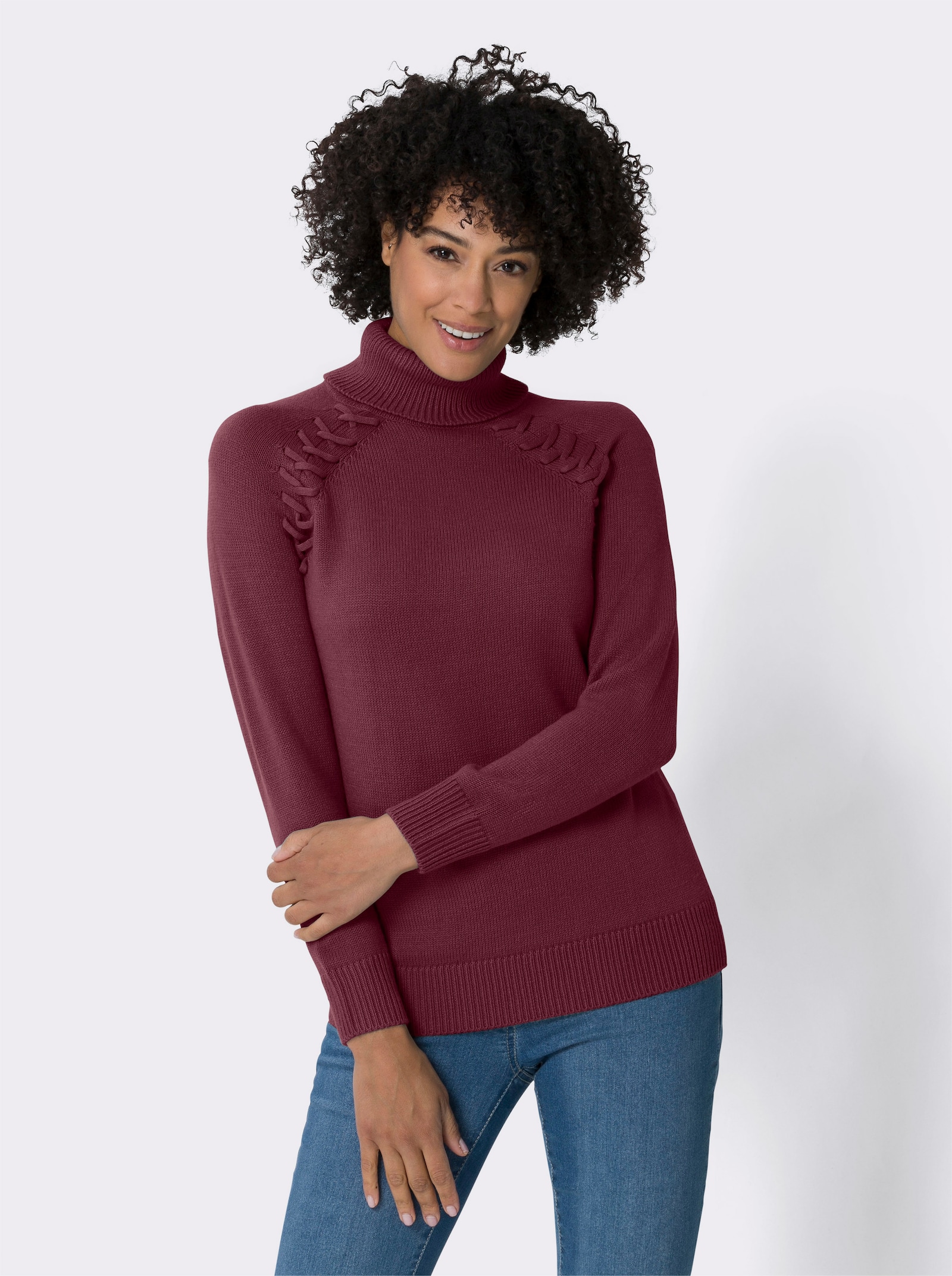 Pulóver s rolákovým golierom a ozdobným pásom - bordová