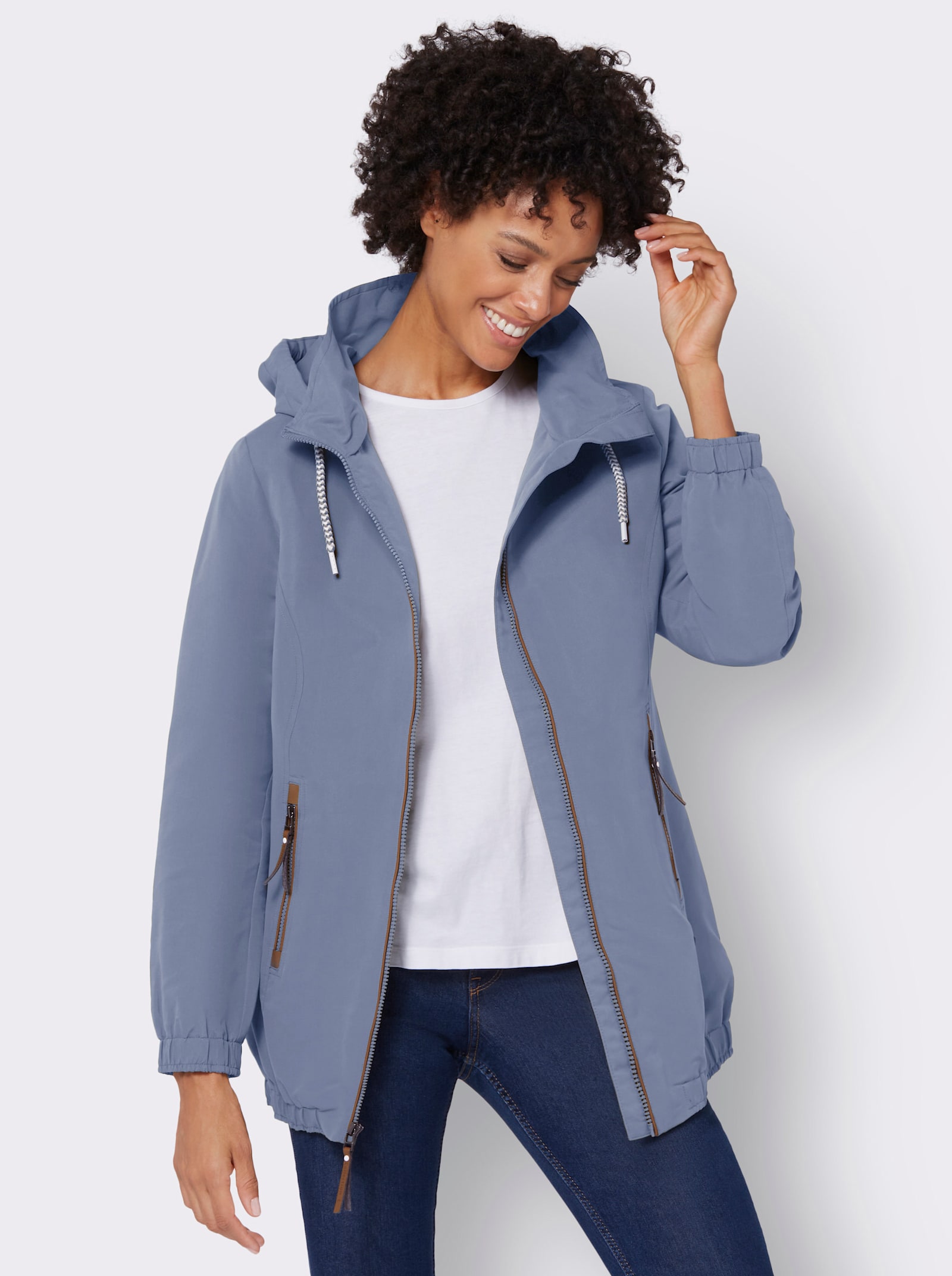 Freizeitjacke mit Lederimitat-Paspeln - taubenblau