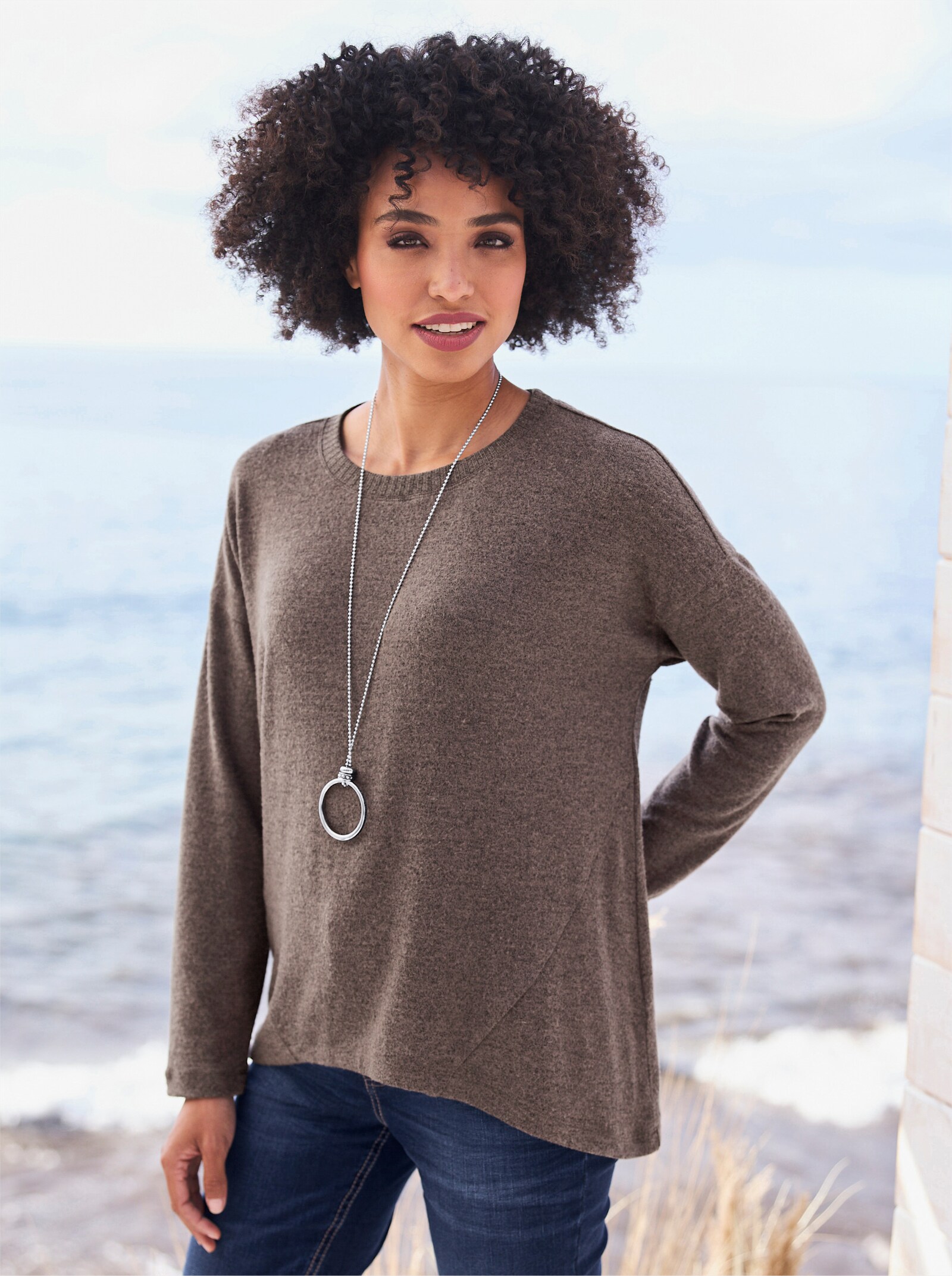 heine Langarmshirt in Melange-Qualität - dunkeltaupe-meliert