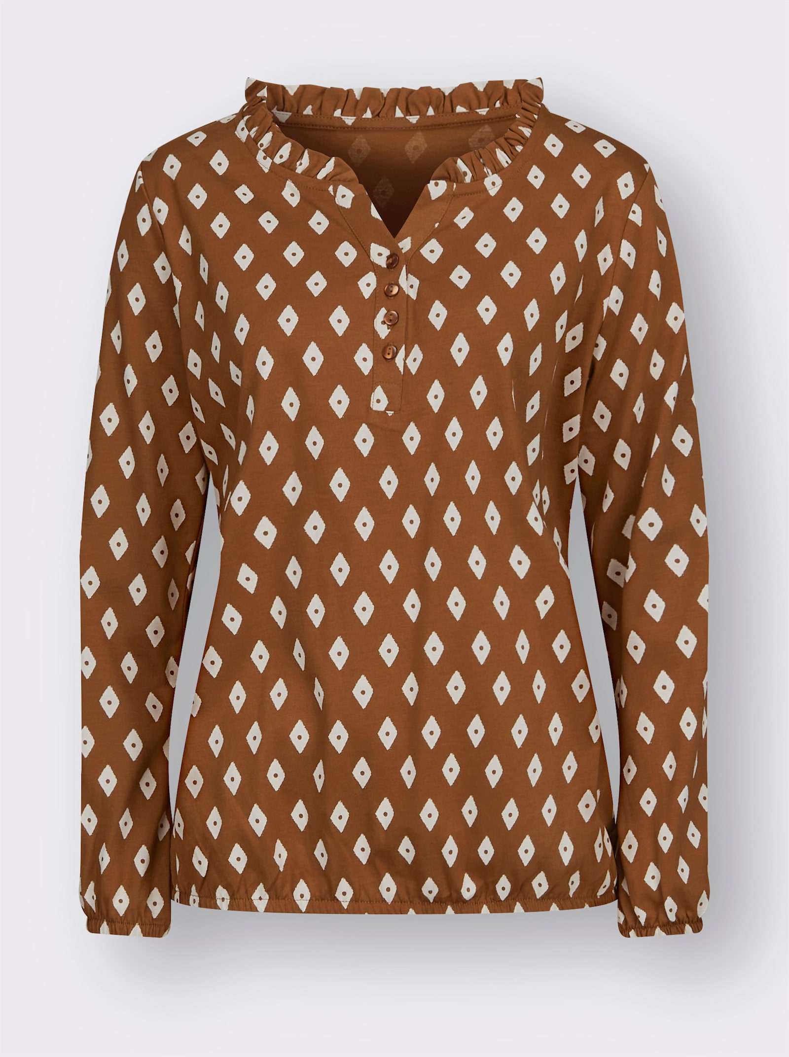 Langarmshirt mit Rüschen am Ausschnitt - cognac-ecru-bedruckt