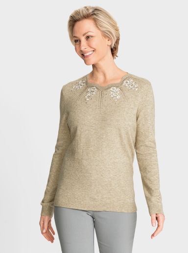 Langarm-Pullover mit Glitzersteinchen - beige-meliert