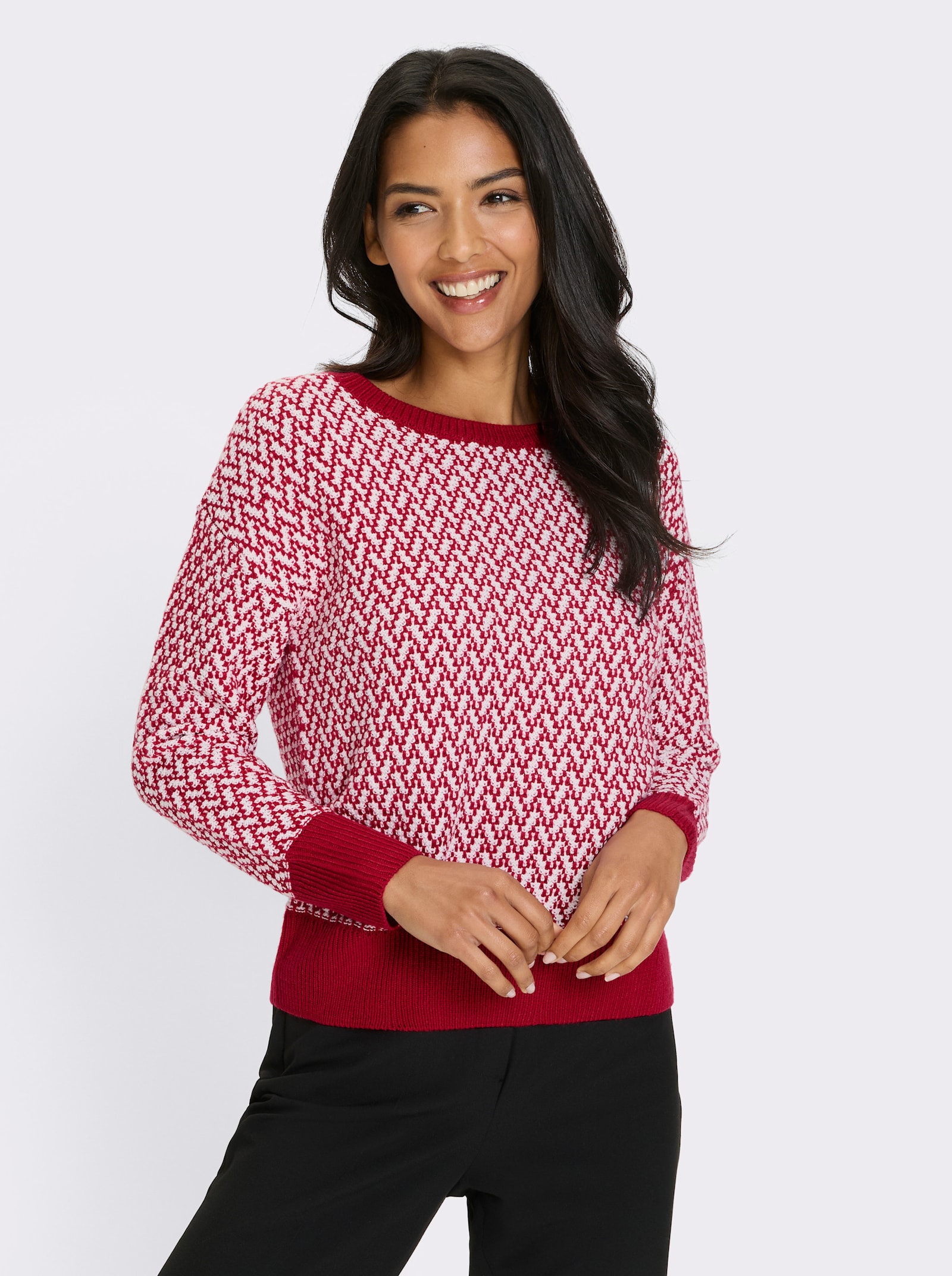 Tröja med rund halsringning i tvåfärgad look - röd-vit, mönstrad