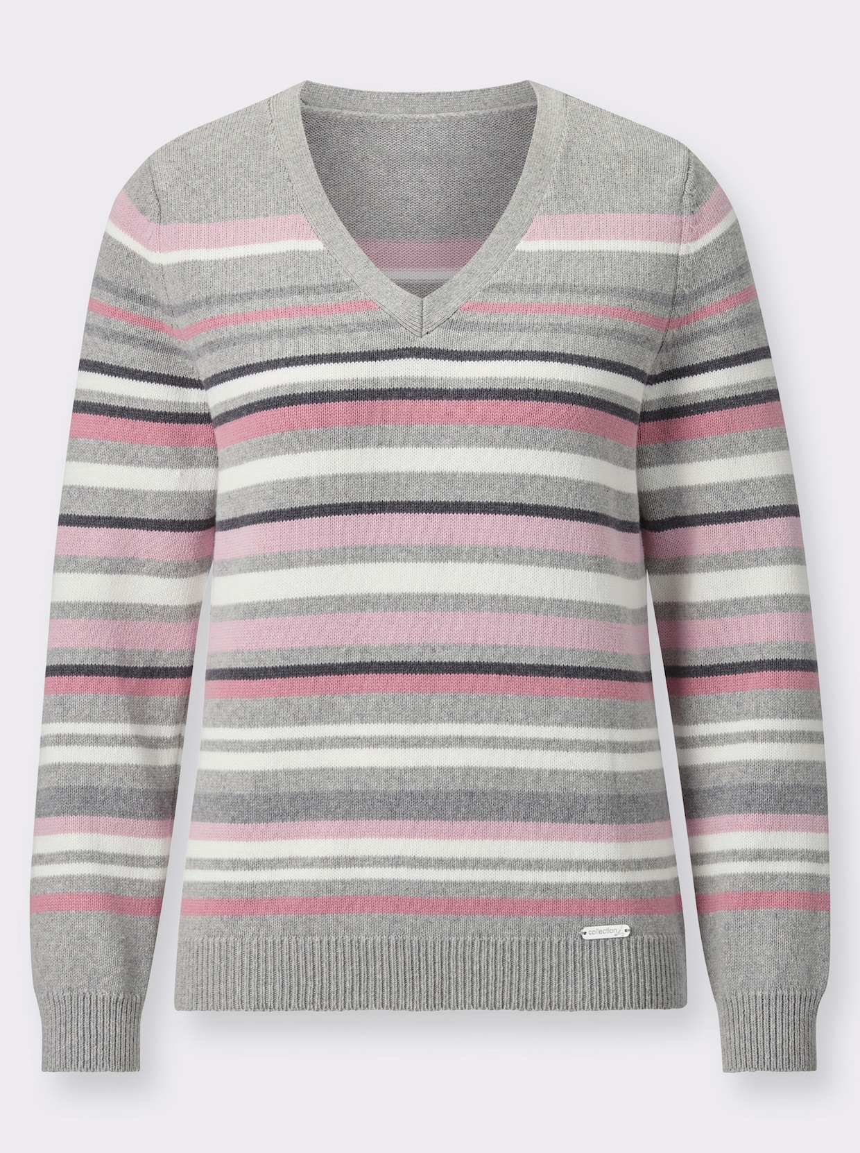V-Ausschnitt-Pullover - grau-rosé-gestreift