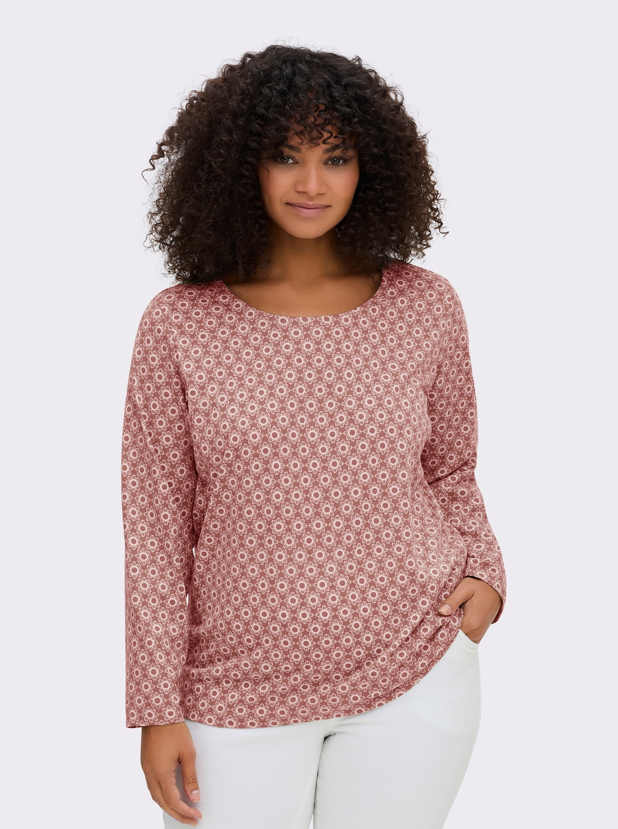 Langarmshirt im Minimal-Dessin - rosenholz-ecru-bedruckt