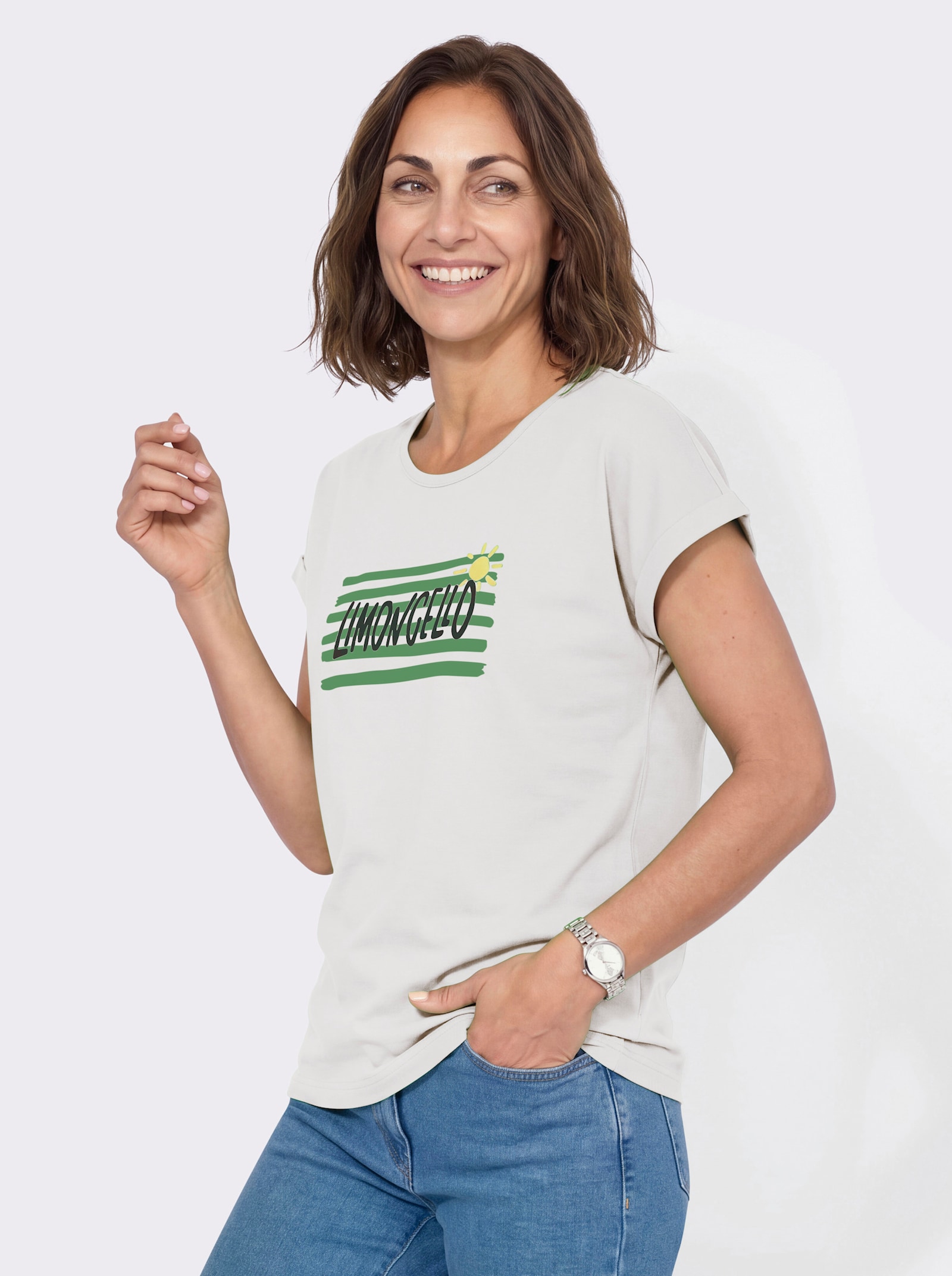 Rundhalsshirt mit platziertem Druck - ecru-apfel