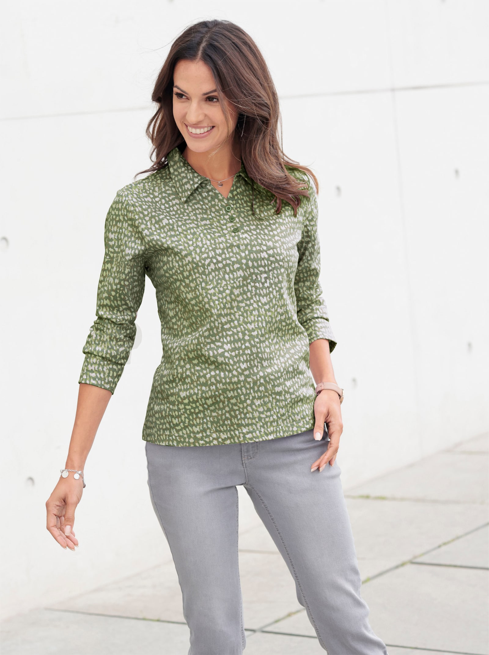 Poloshirt met knoopsluiting - kaki/steengrijs bedrukt