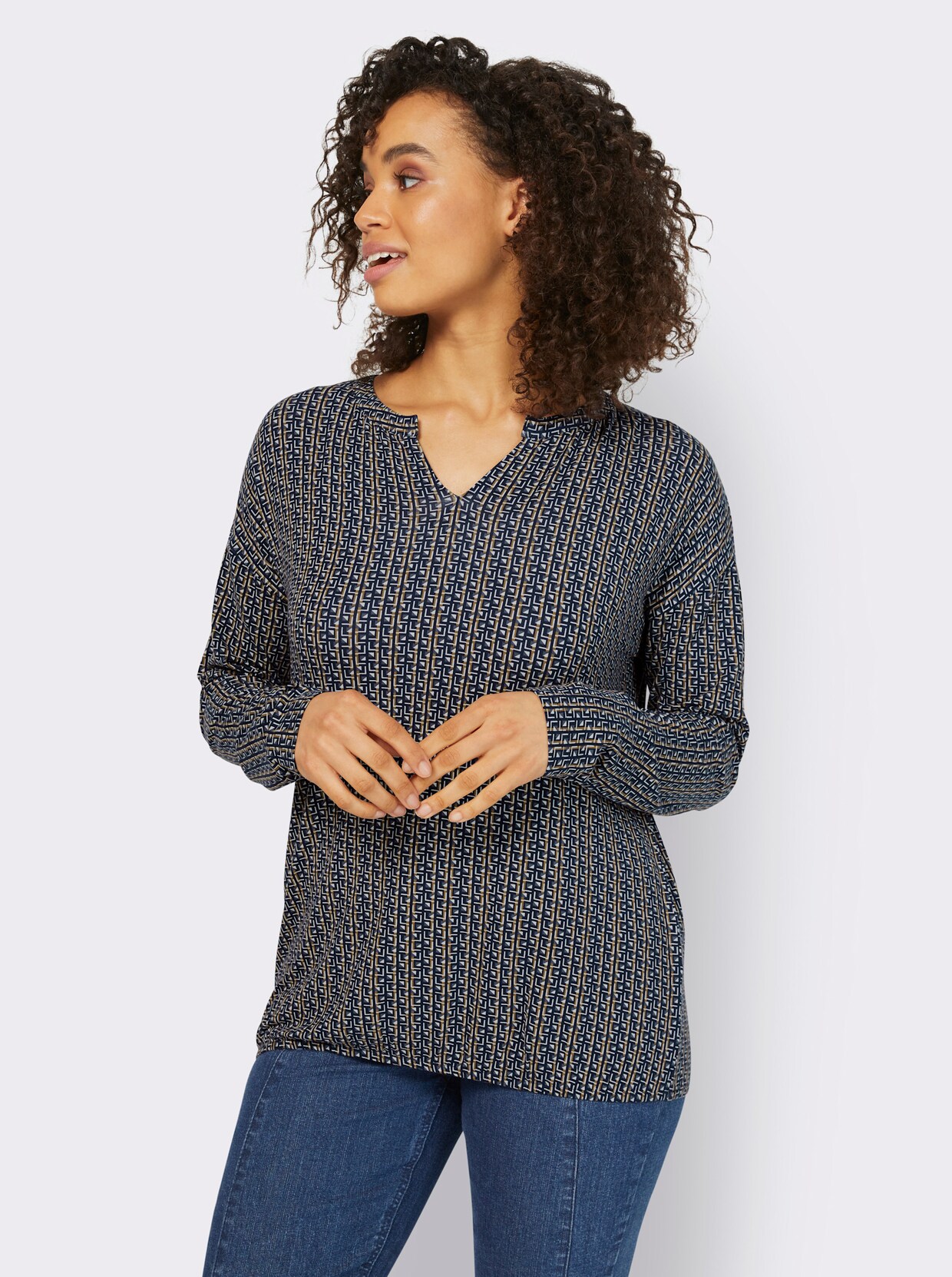 heine Blusenshirt - rauchblau-braun-bedruckt