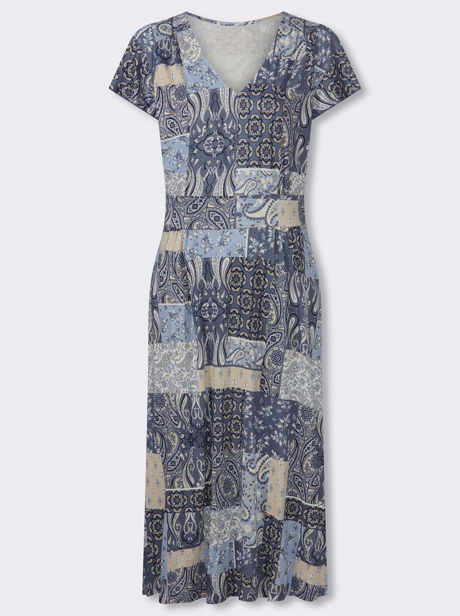 Jerseykleid mit ausgestelltem Rockteil - bleu-sand-bedruckt