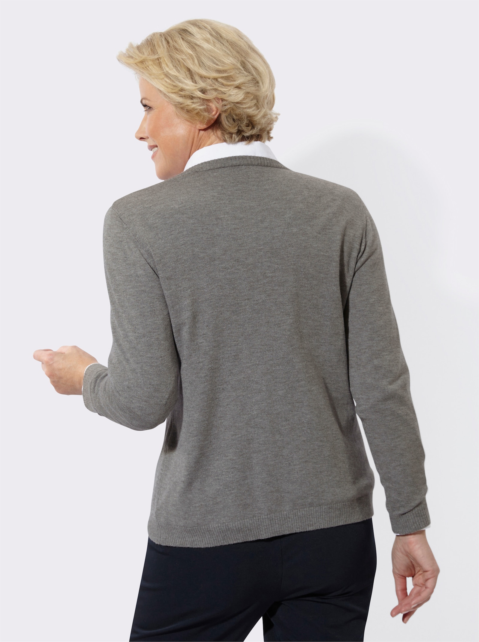 Strickjacke mit Ajourmuster und Glitzersteinchen - grau-meliert