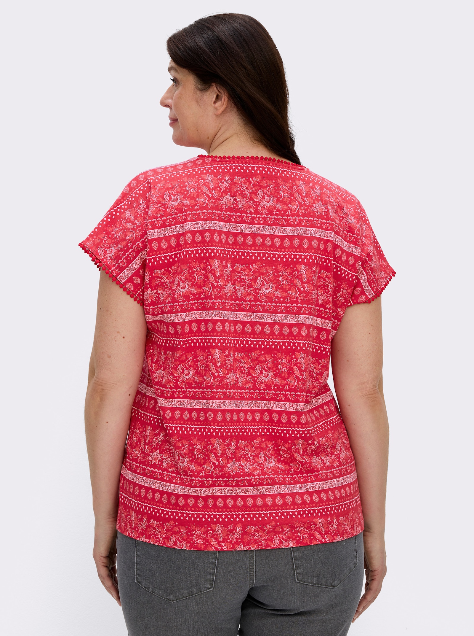  Print-Shirt mit Spitzenborte - erdbeere-ecru-bedruckt