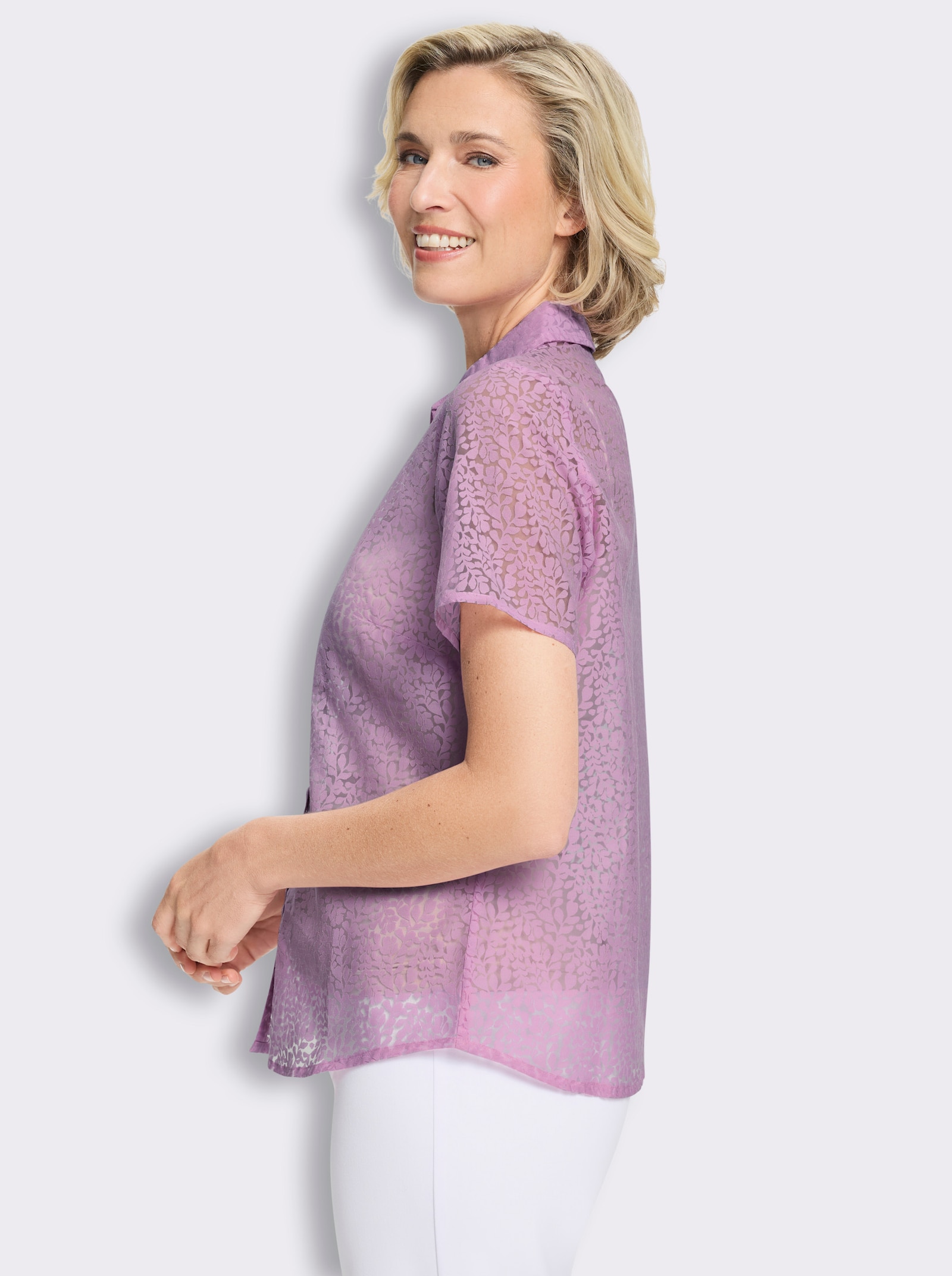 Blouse met korte mouwen met etskantpatroon - orchidee