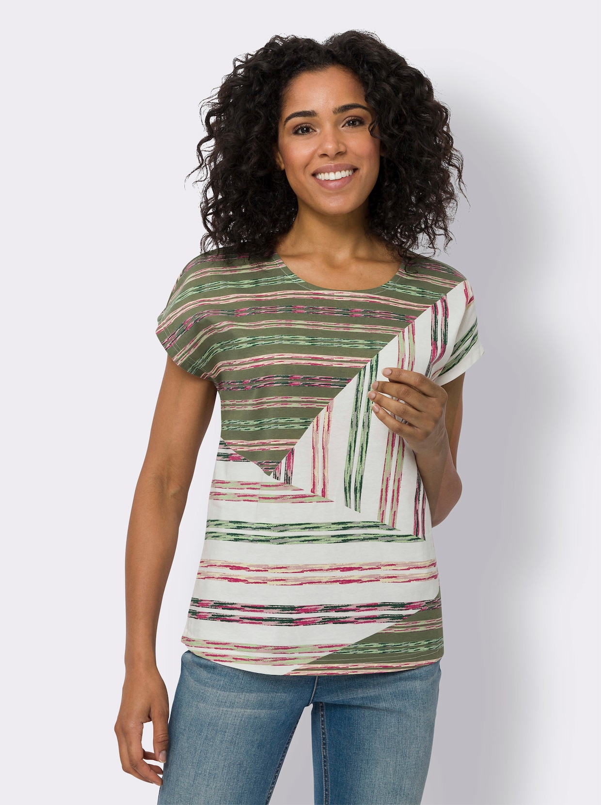 Shirt met ronde hals - ecru/kaki geprint