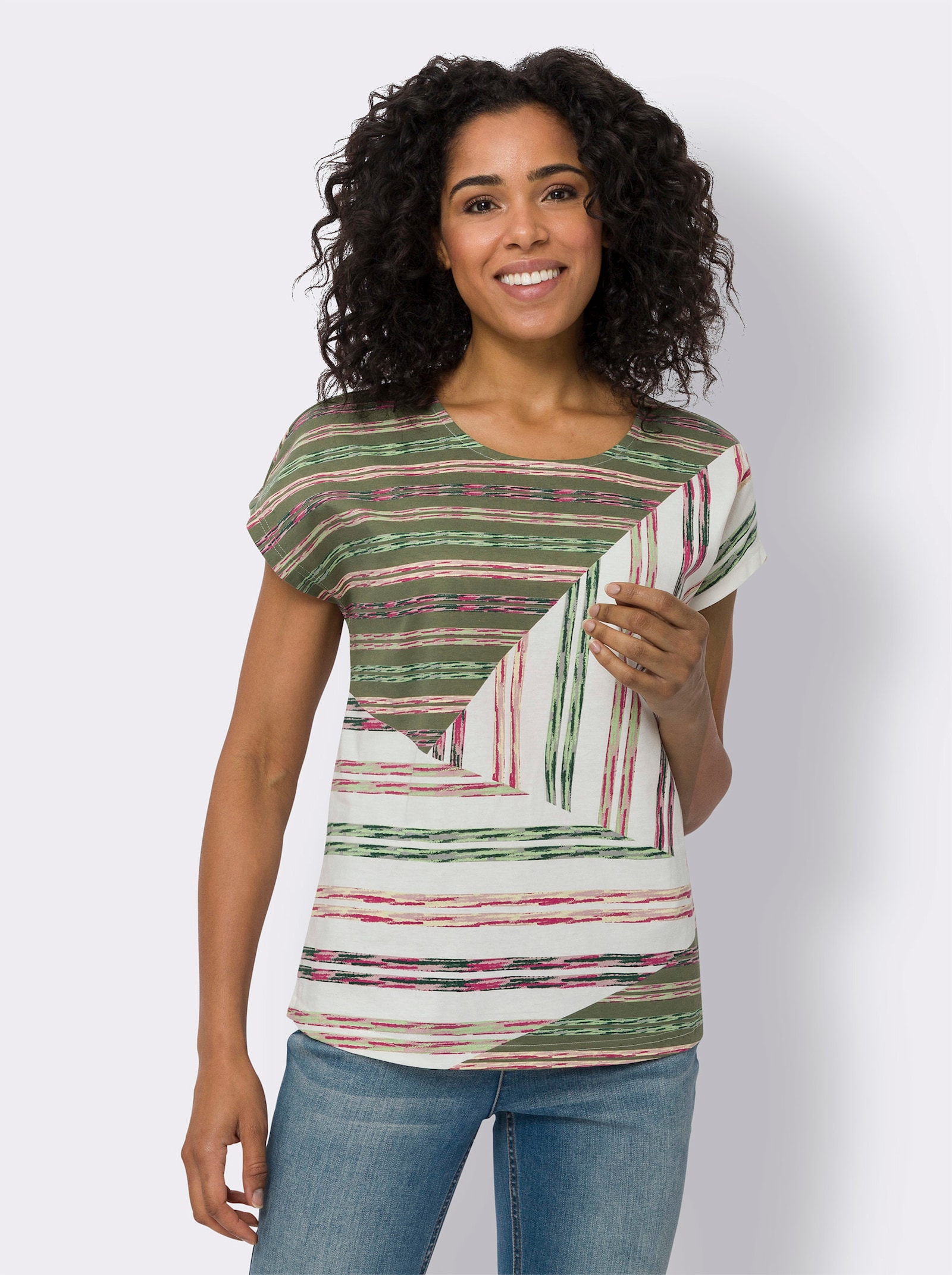 Rundhalsshirt mit mehrfarbigem Streifen-Print - ecru-khaki-bedruckt