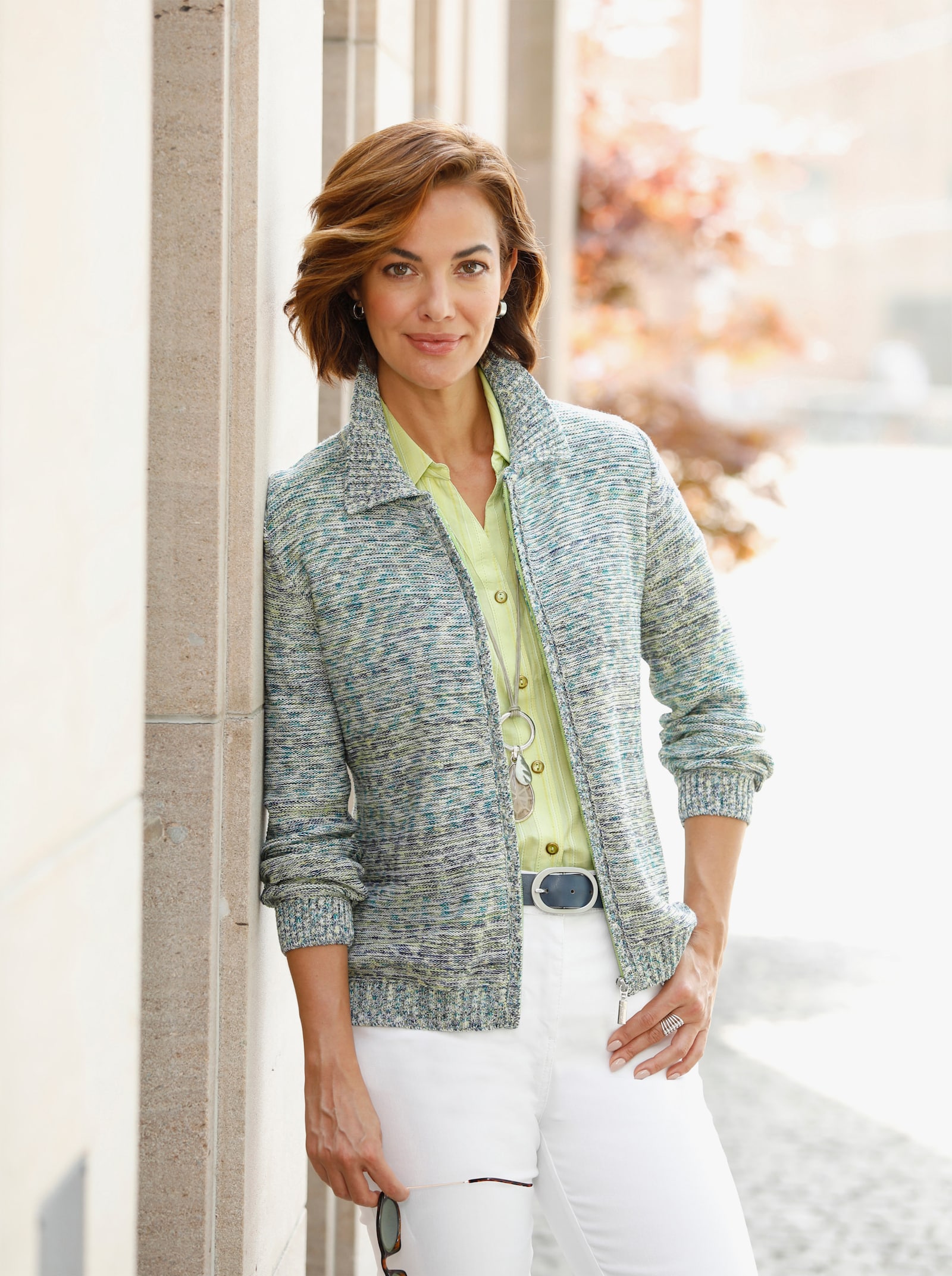 Strickjacke mit Polokragen - pistazie-jeansblau-meliert