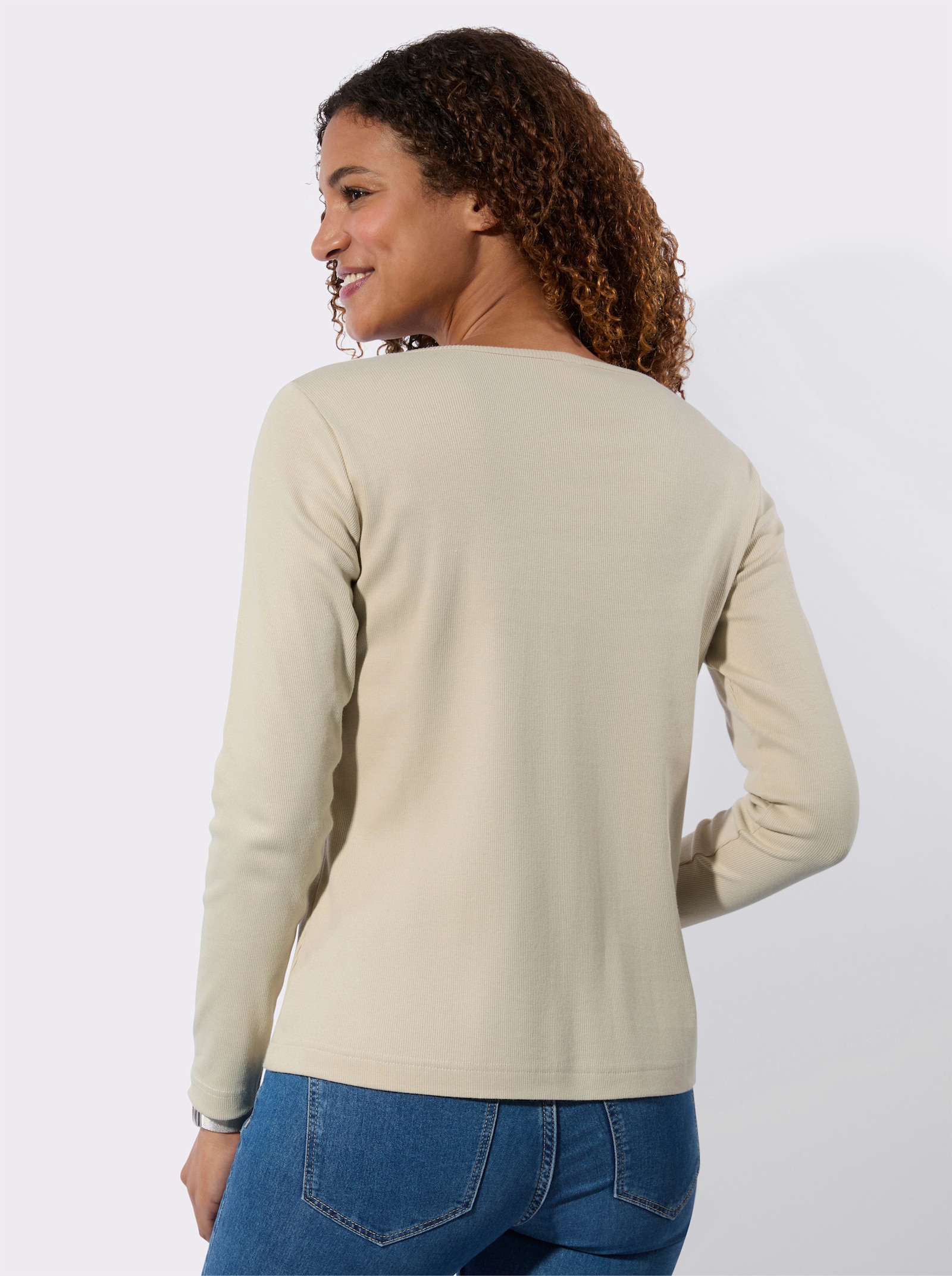 Rippshirt mit Reißverschluss am V-Ausschnitt - sand