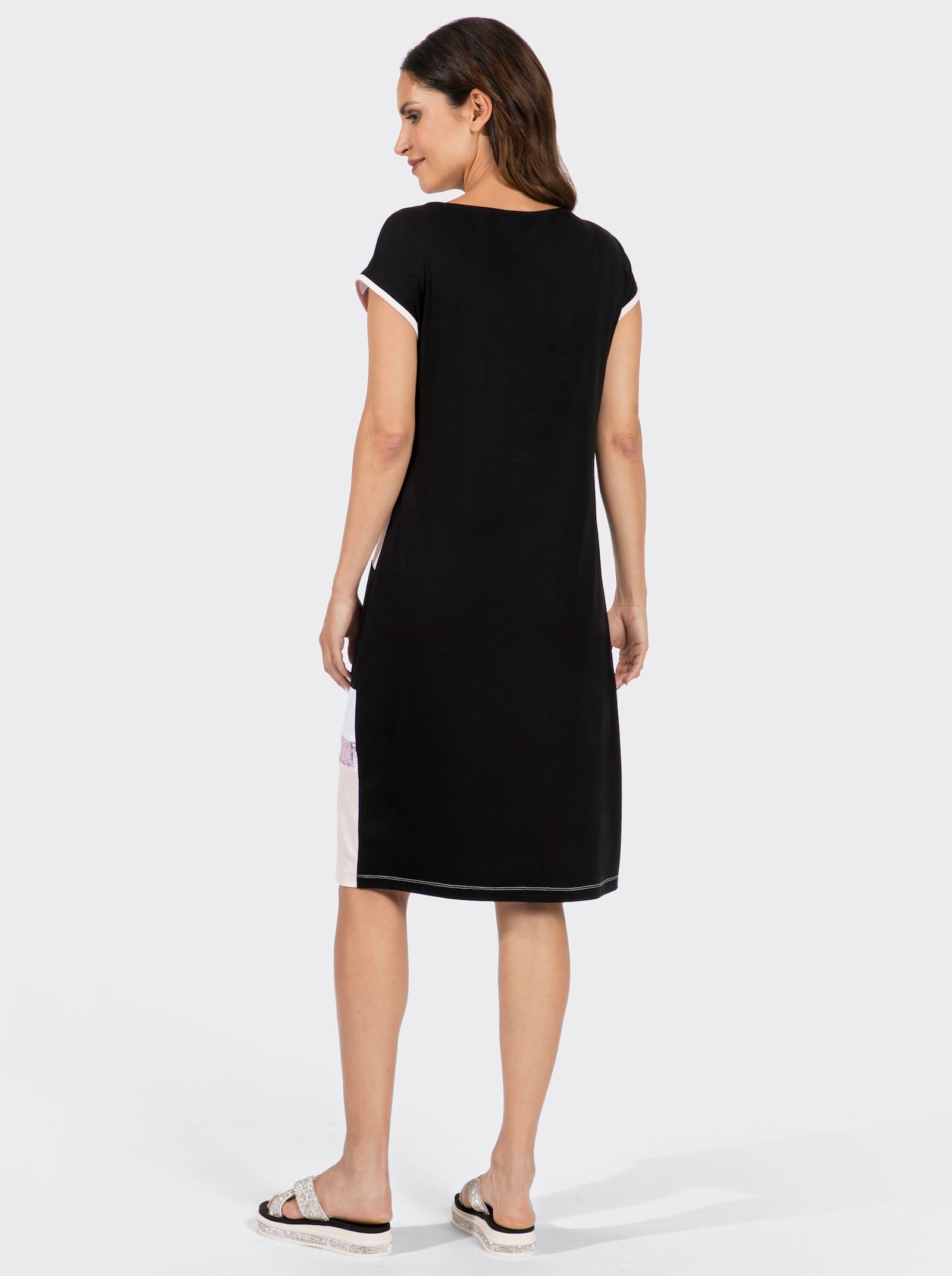 Jerseykleid mit Pailletten-Verzierung - schwarz-hellrosé-gemustert