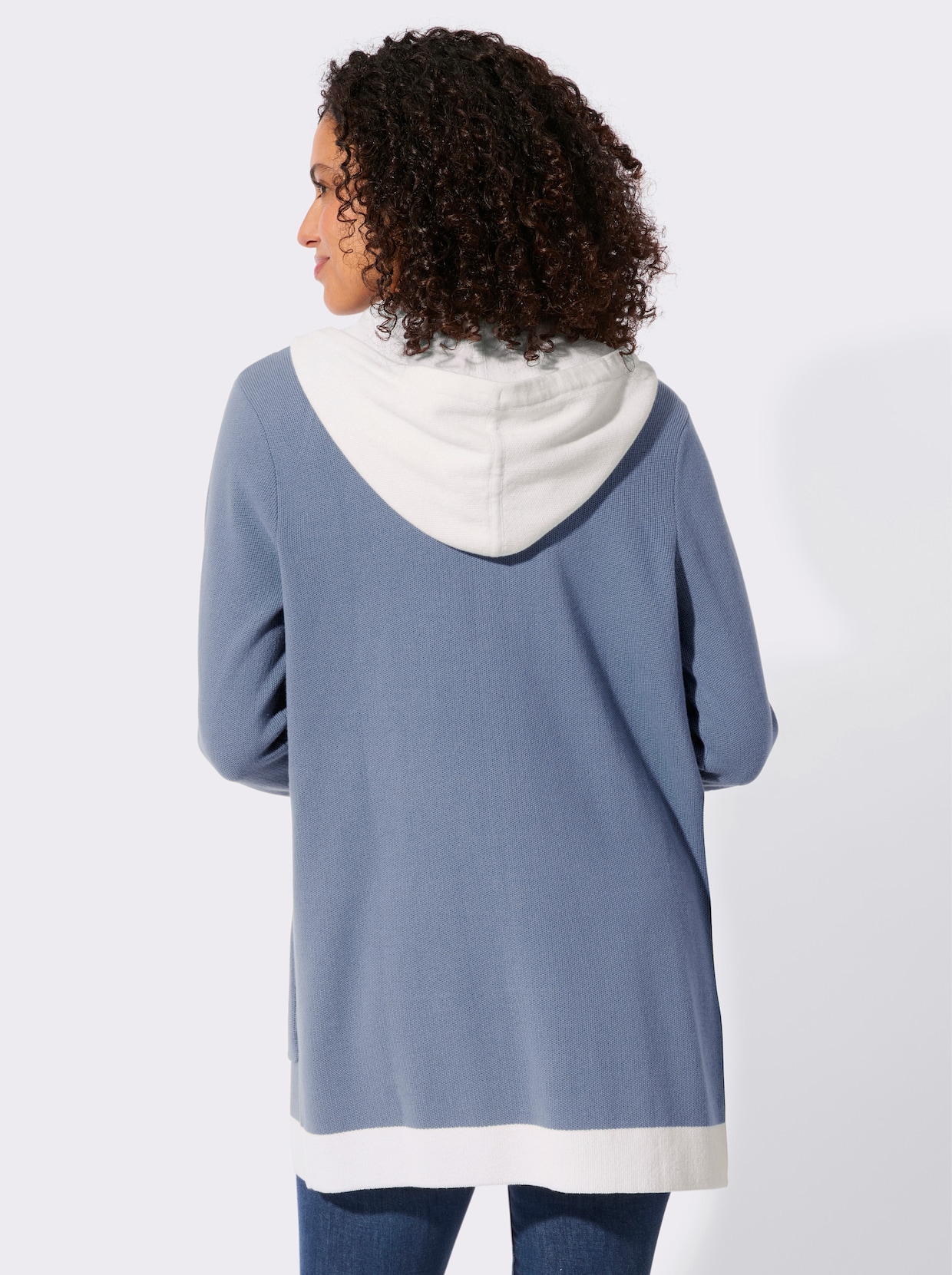 Longstrickjacke mit 2-Wege-Reißverschluss - taubenblau-ecru