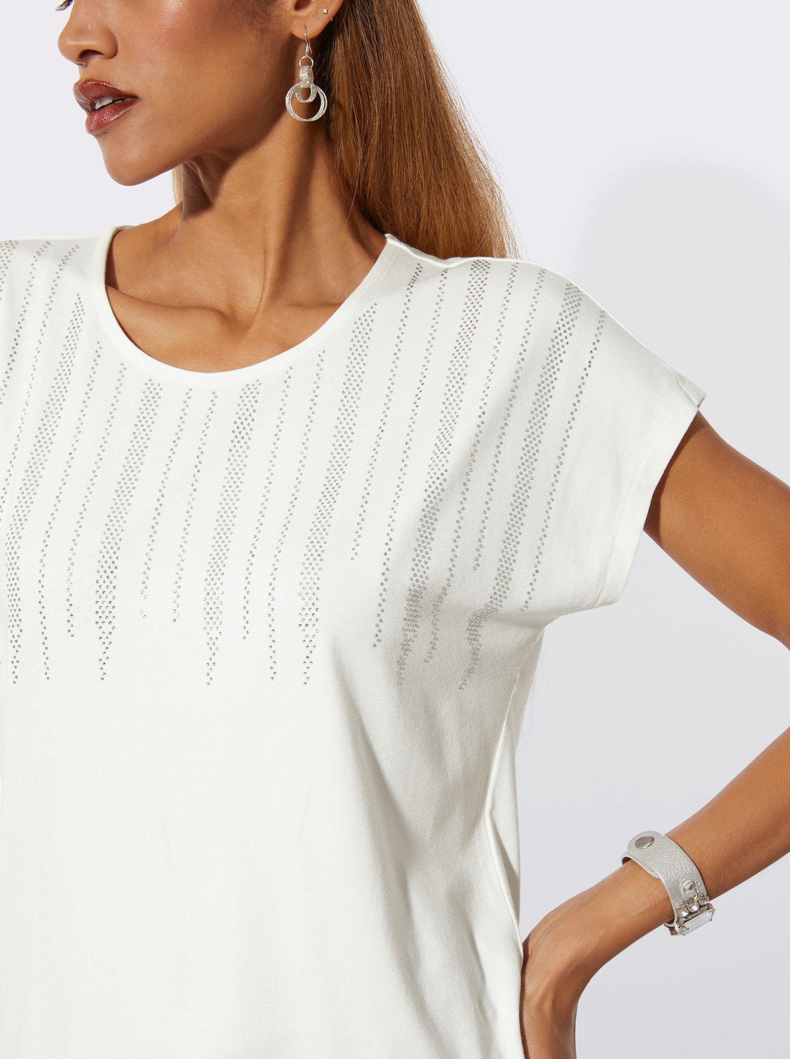 Kurzarmshirt mit Ziersteinchen - ecru