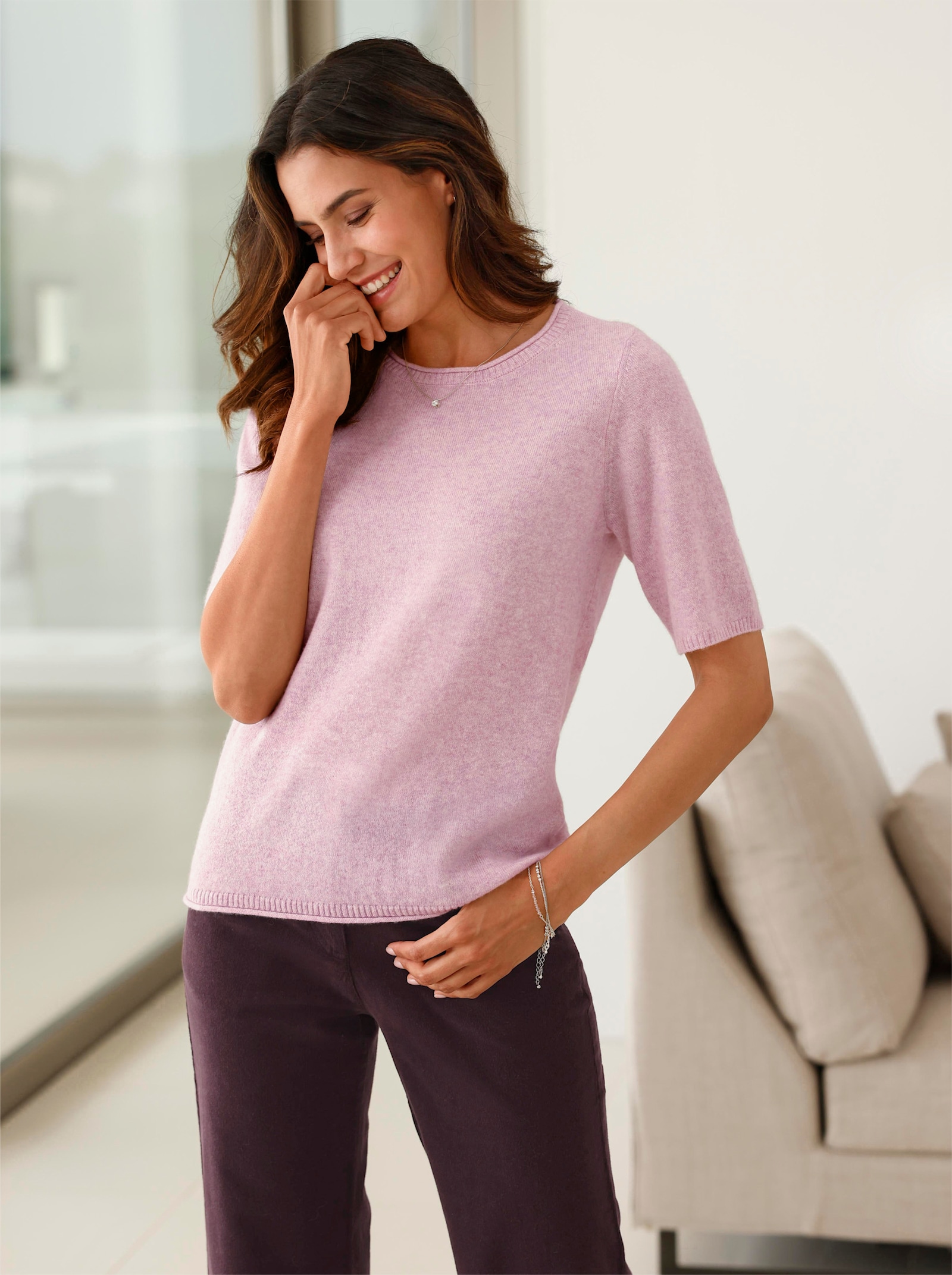 Feinstrickpullover mit Kaschmir - rosé-meliert