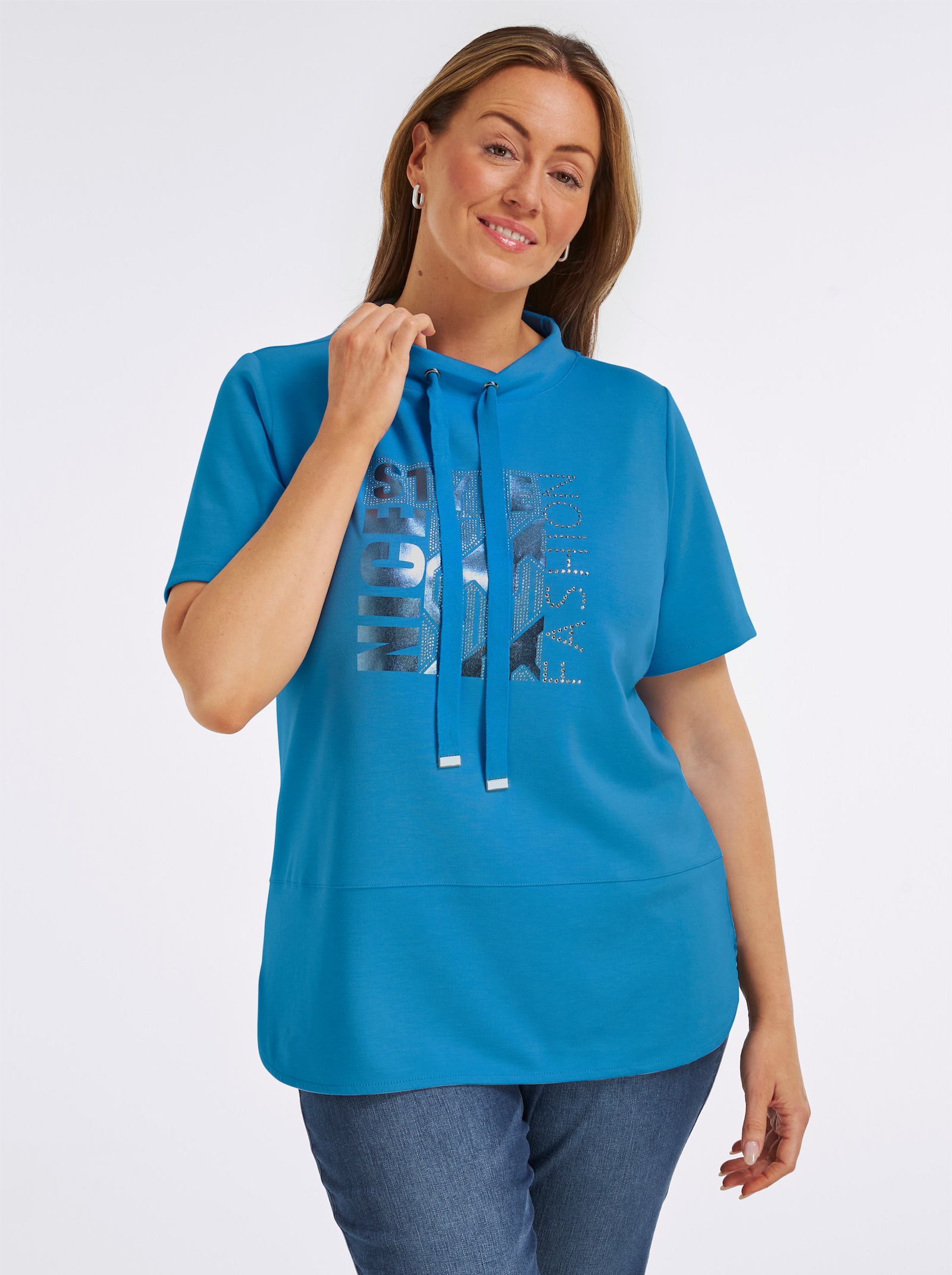 Kurzarmshirt mit Stehkragen - himmelblau