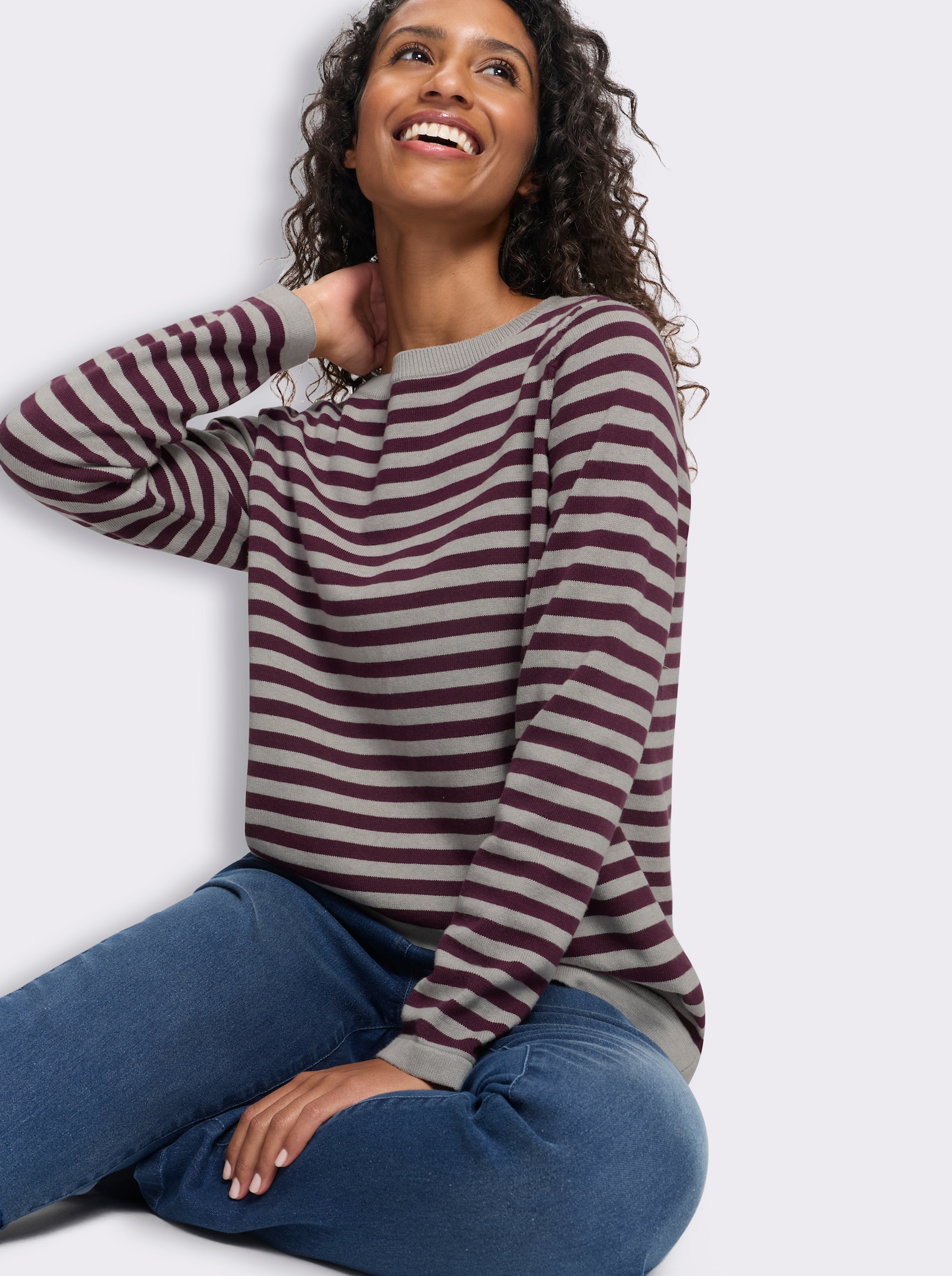 heine Feinstrickpullover mit Ringelstreifen - steingrau-burgund-geringelt