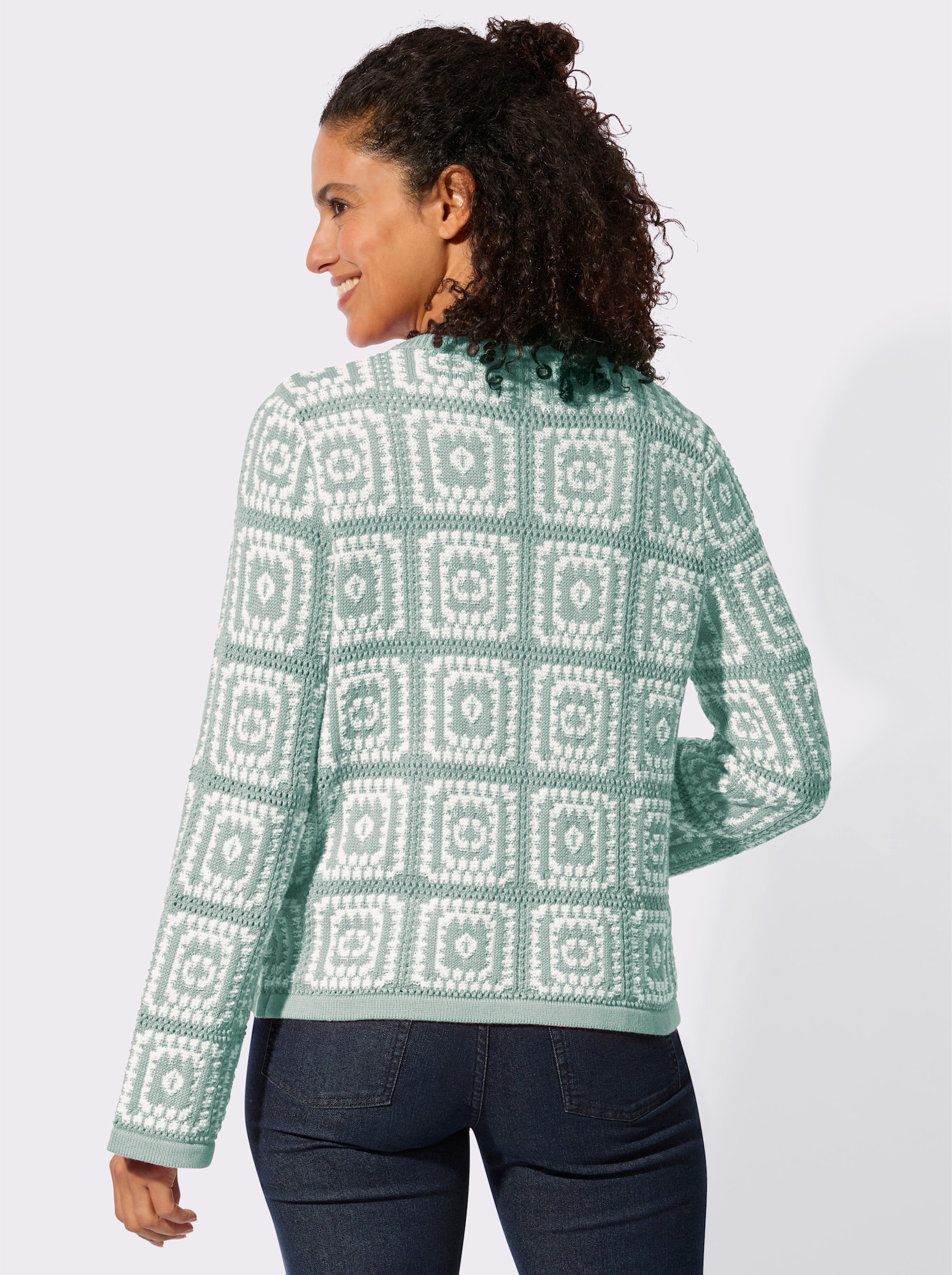 Strickjacke in Häkel-Optik - kalkmint-weiß