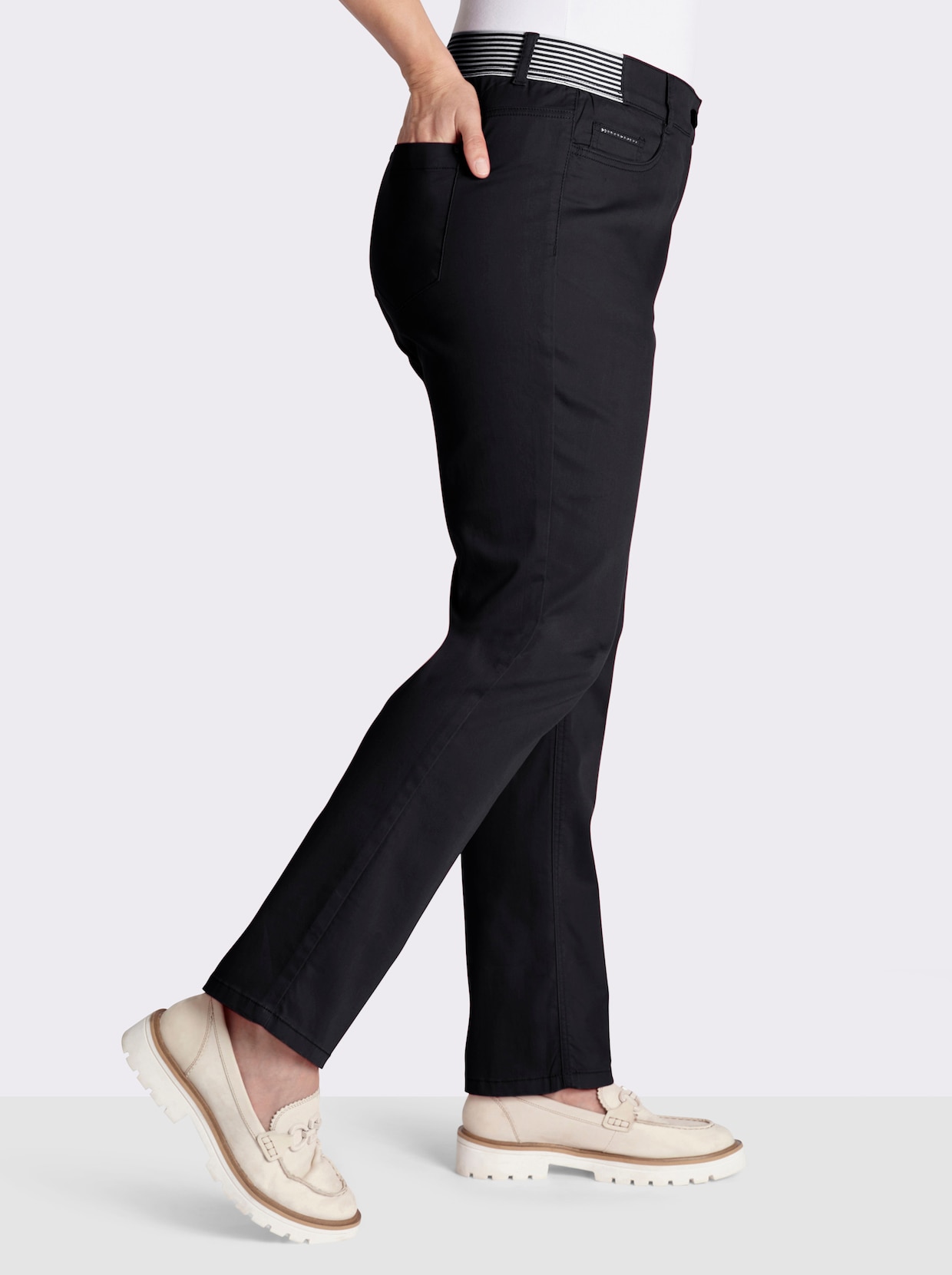 sheego 5-Pocket-Hose mit gestreiften Dehnbund-Einsätzen - schwarz