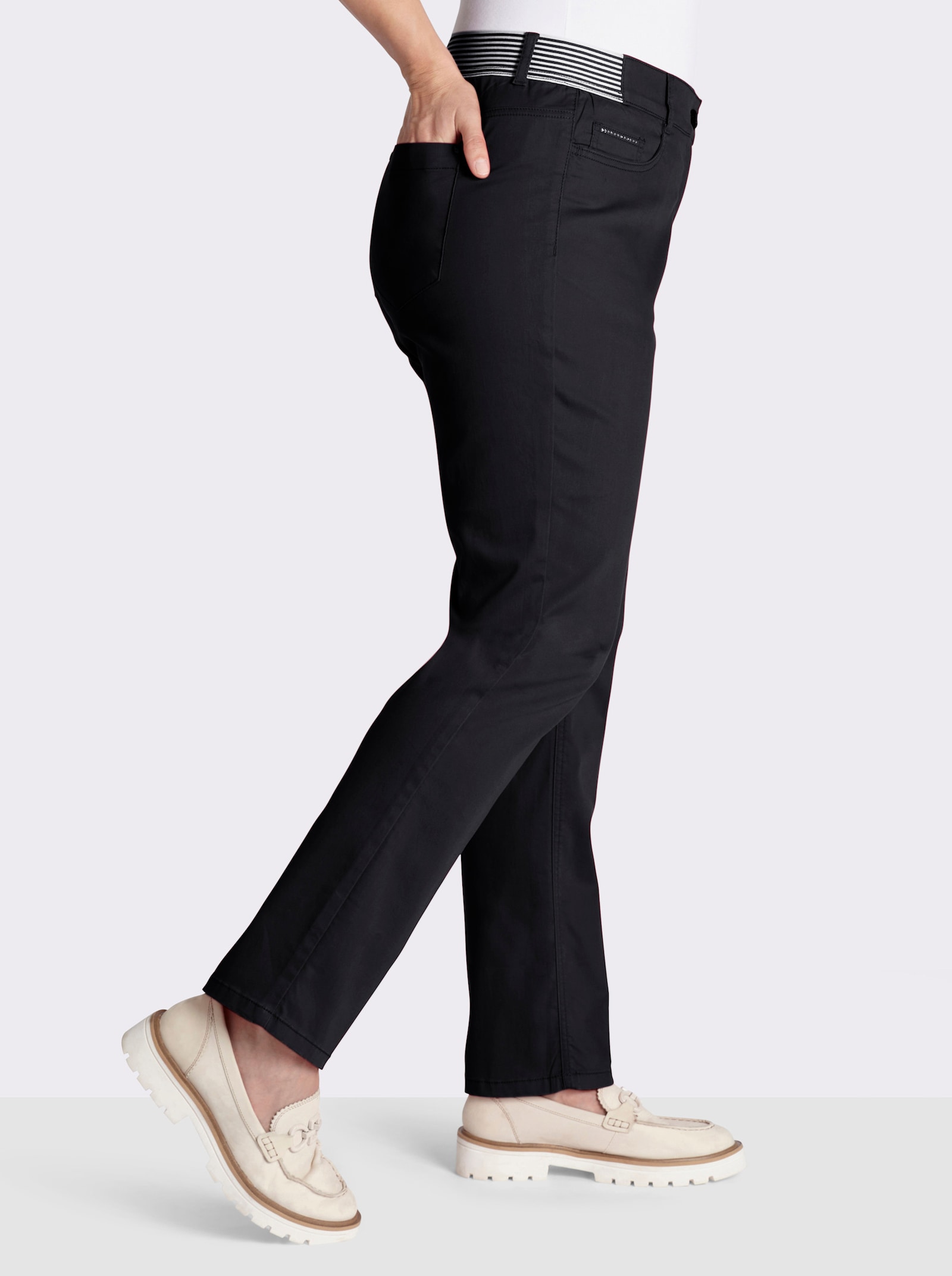 sheego 5-pocketsbroek met gestreepte comfortband-inzetten - zwart