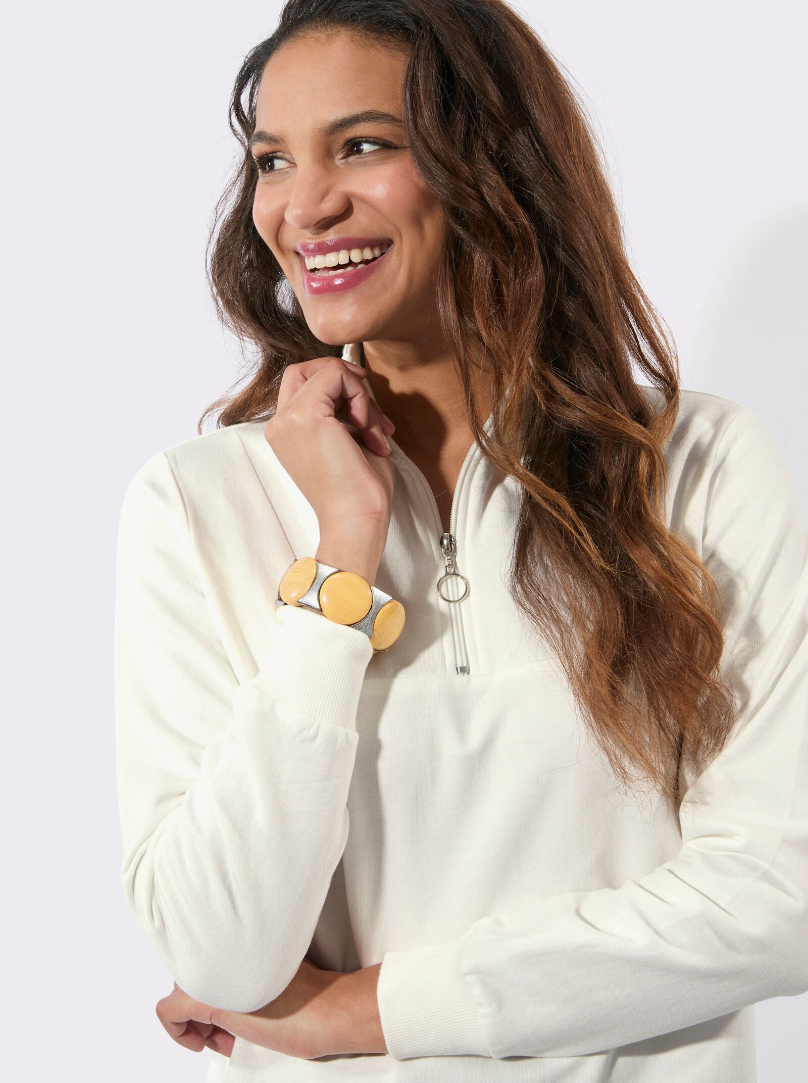 Sweatshirt mit Troyerkragen - ecru