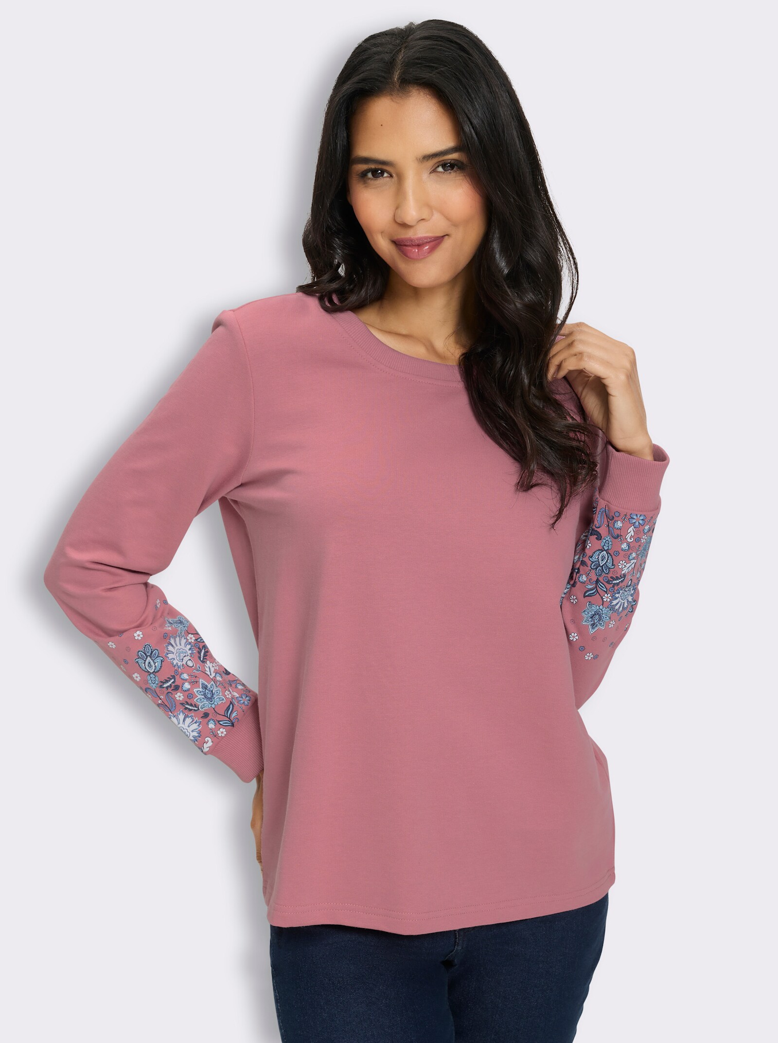 Sweatshirt mit Blütenprint an den Ärmeln - altrosa-bedruckt