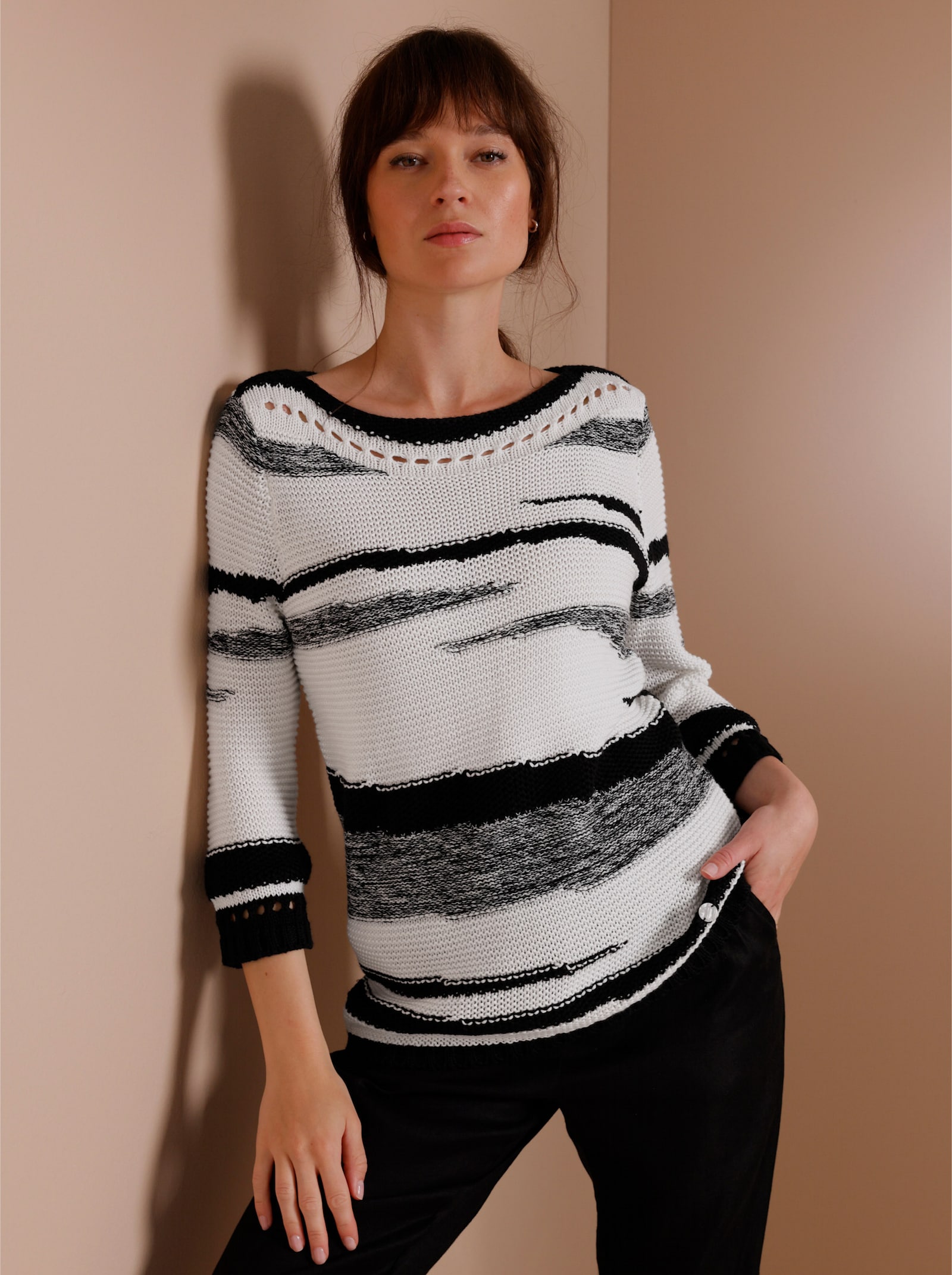 CREATION L PREMIUM 3/4 Arm-Pullover mit platziertem Lochmuster - weiß-schwarz-gemustert