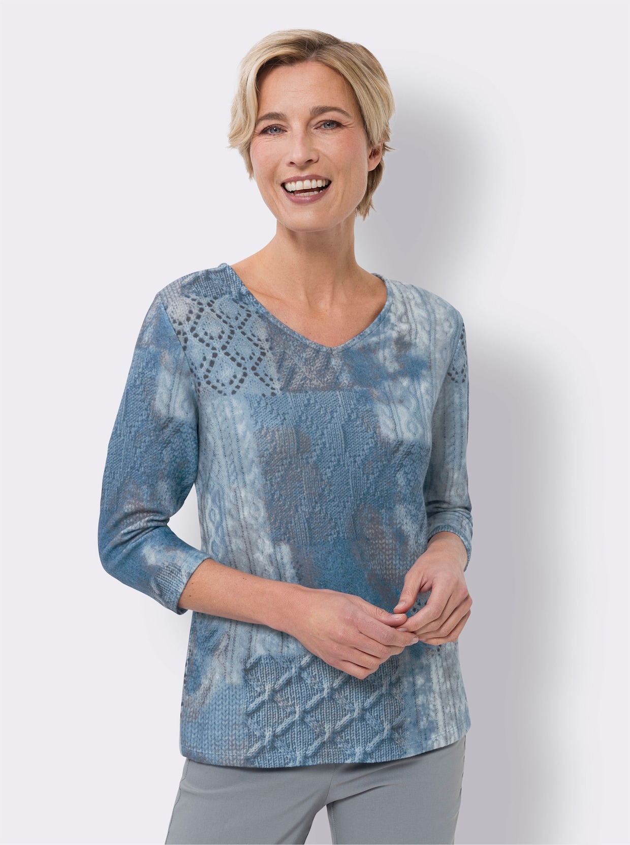 Feinstrickpullover - hellblau-grau-bedruckt