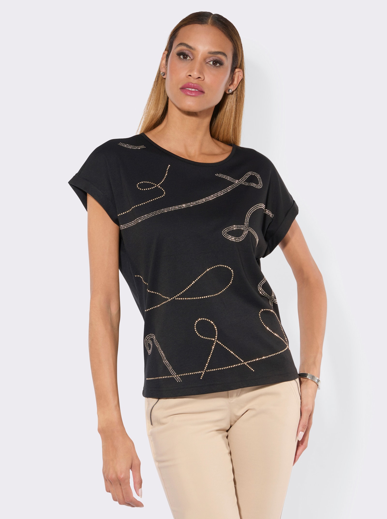 Kurzarmshirt mit Glitzersteinchen - schwarz