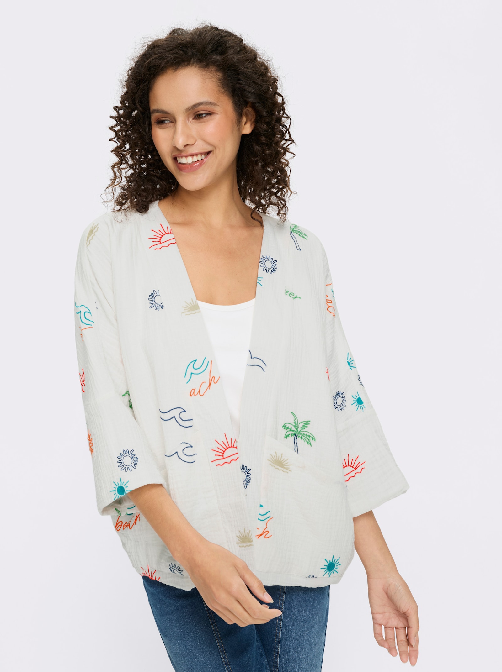 heine Blusenjacke mit Kontraststickerei - ecru-erdbeere-gemustert