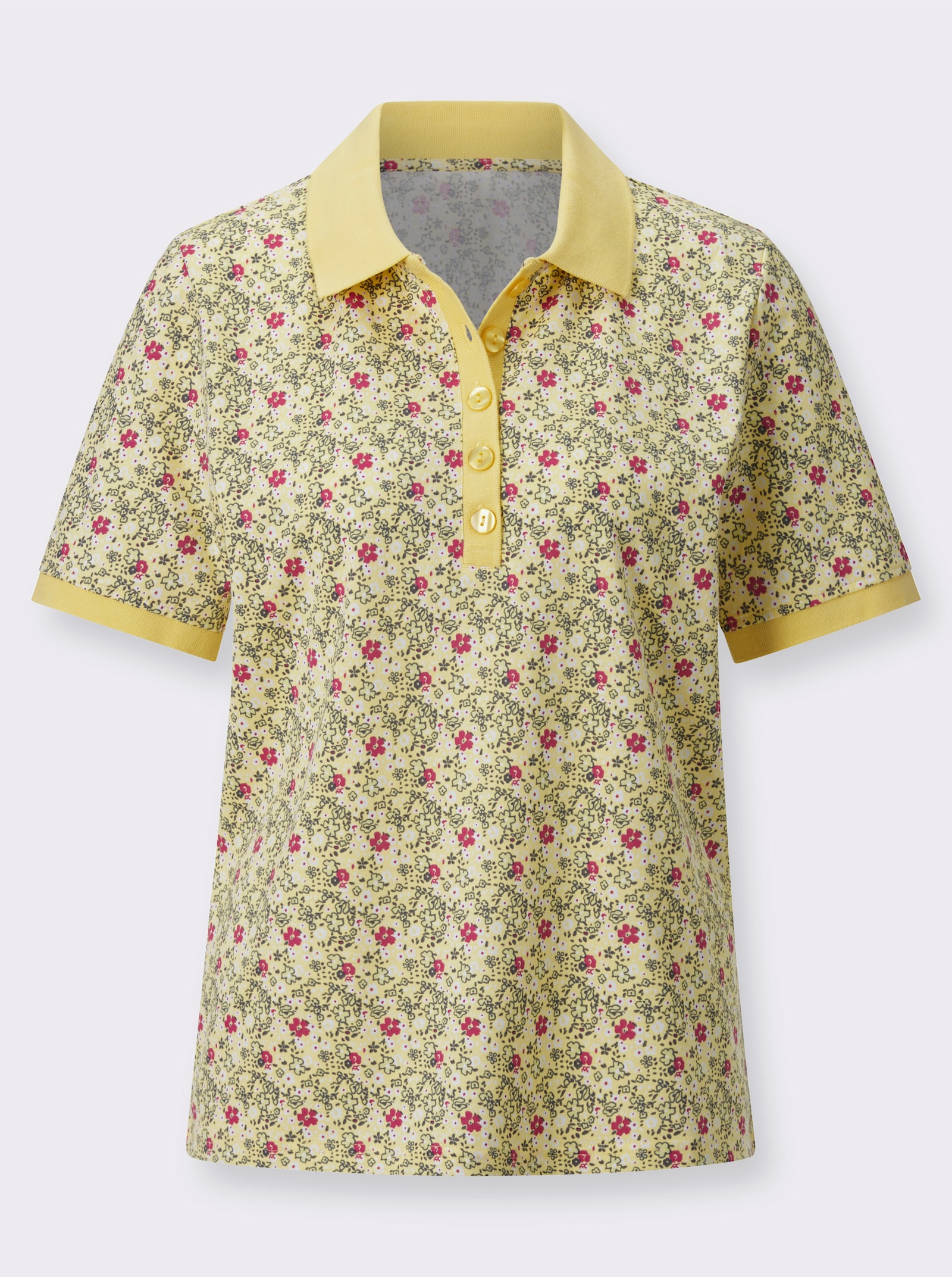 Poloshirt mit Knopfleiste - zitrone-fuchsia-bedruckt