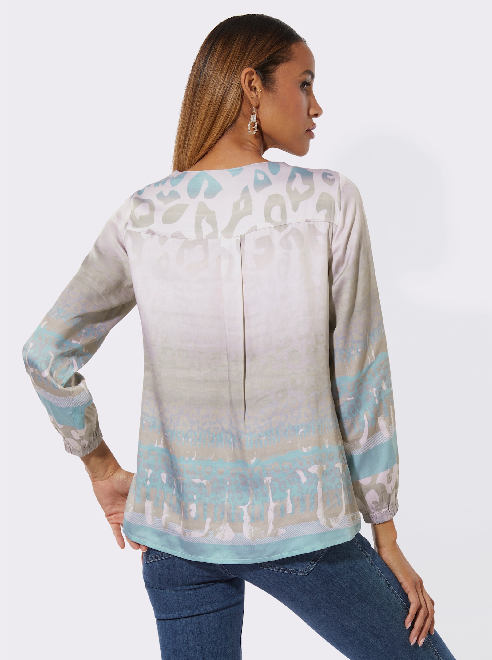 Longbluse im seidig matten Glanz - sesam-champagner-bedruckt