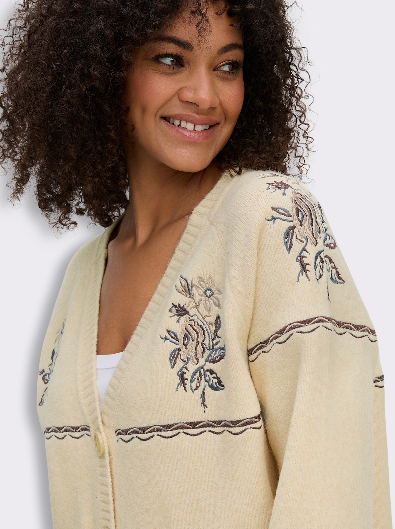 sheego Strickjacke mit floralem Intarsienmuster - elfenbein-braun-gemustert